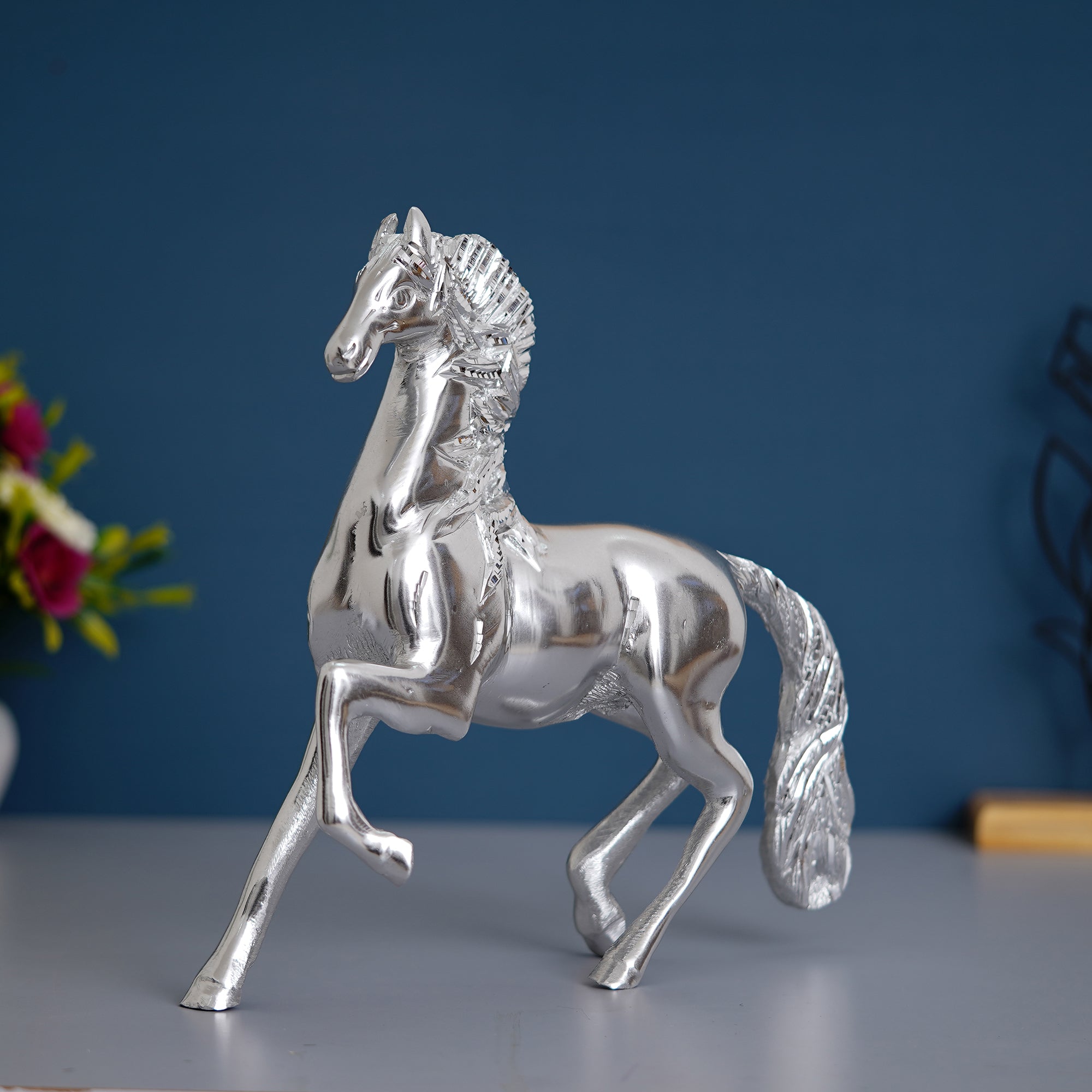 White Metal Silver Running Horse Statue Showpiece