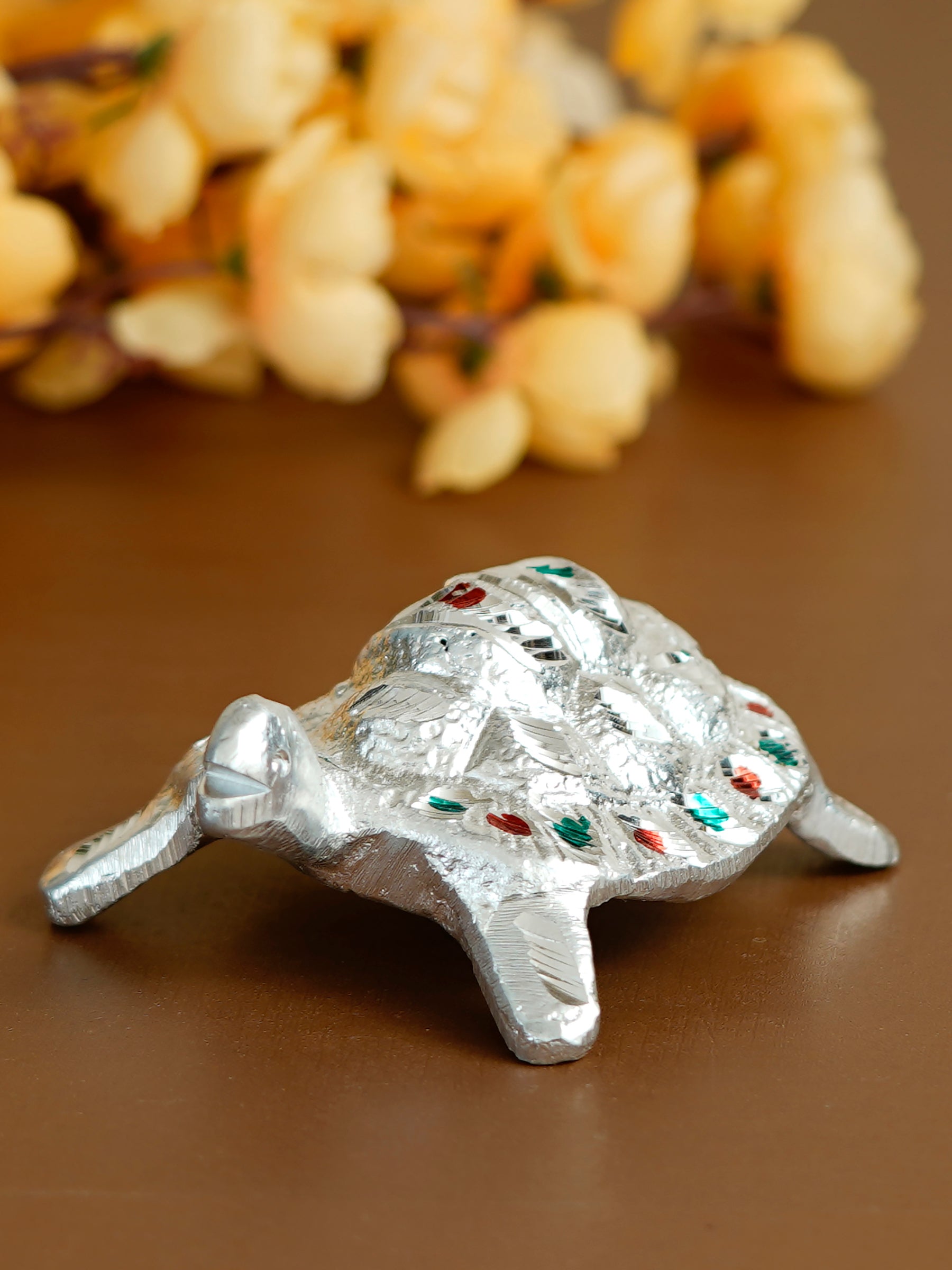 Silver Engraved Tortoise Feng Shui Handcrafted Decorative Metal Showpiece