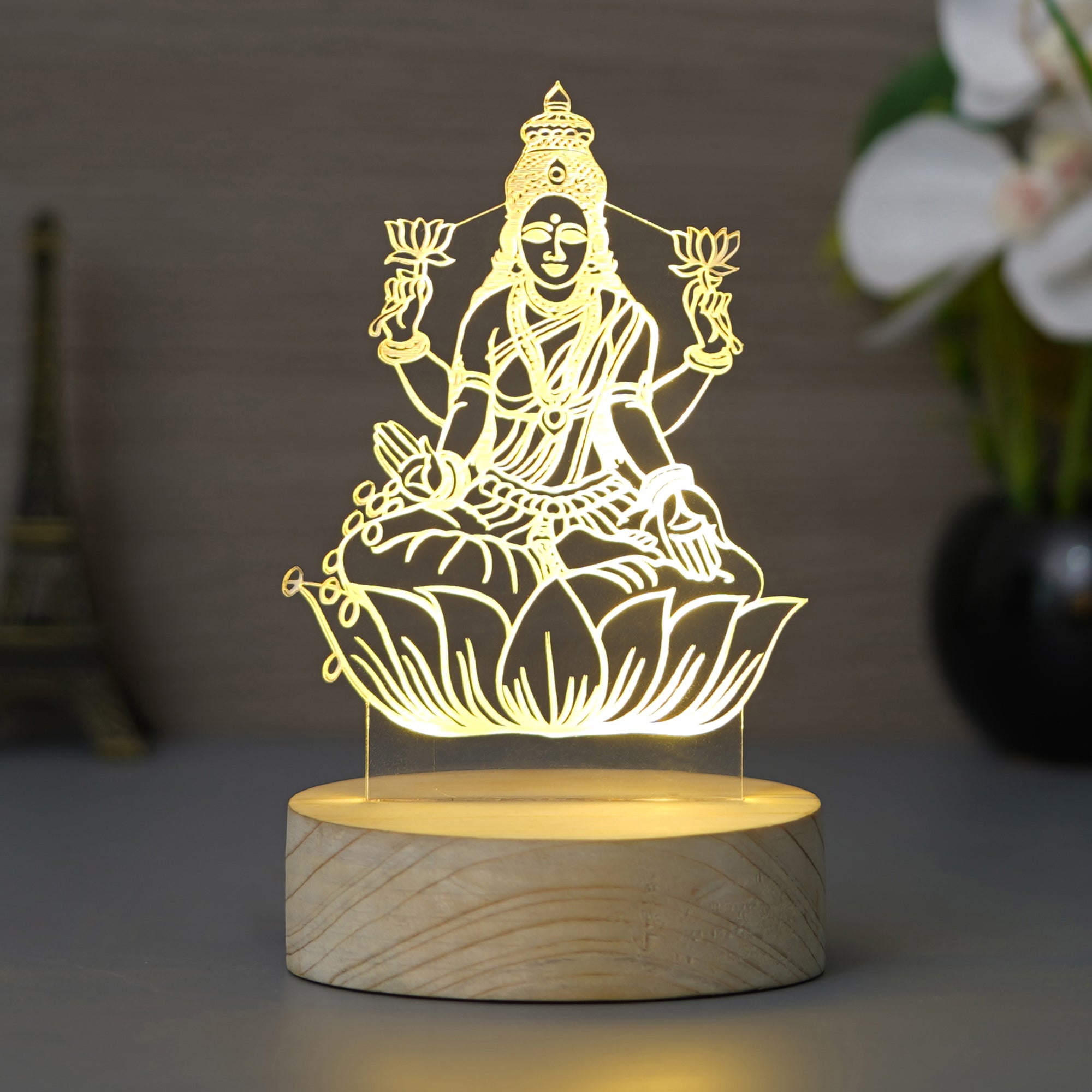 Goddess Laxmi Design Carved on Acrylic & Wood Base Night Lamp