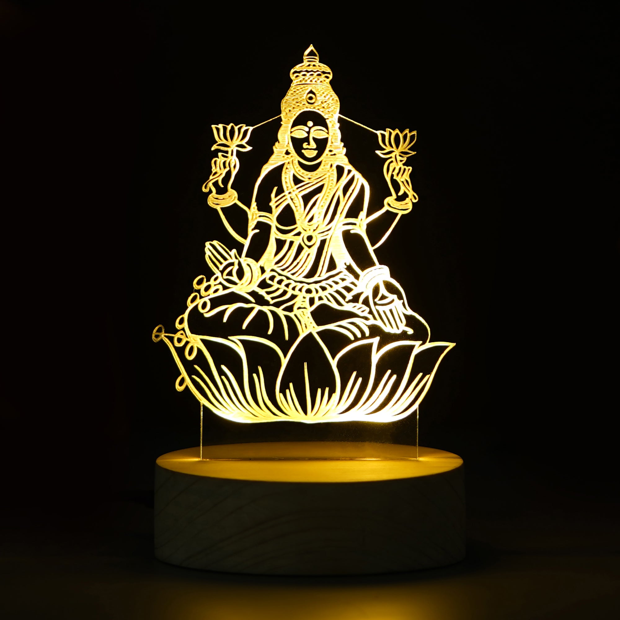 Goddess Laxmi Design Carved on Acrylic & Wood Base Night Lamp 1