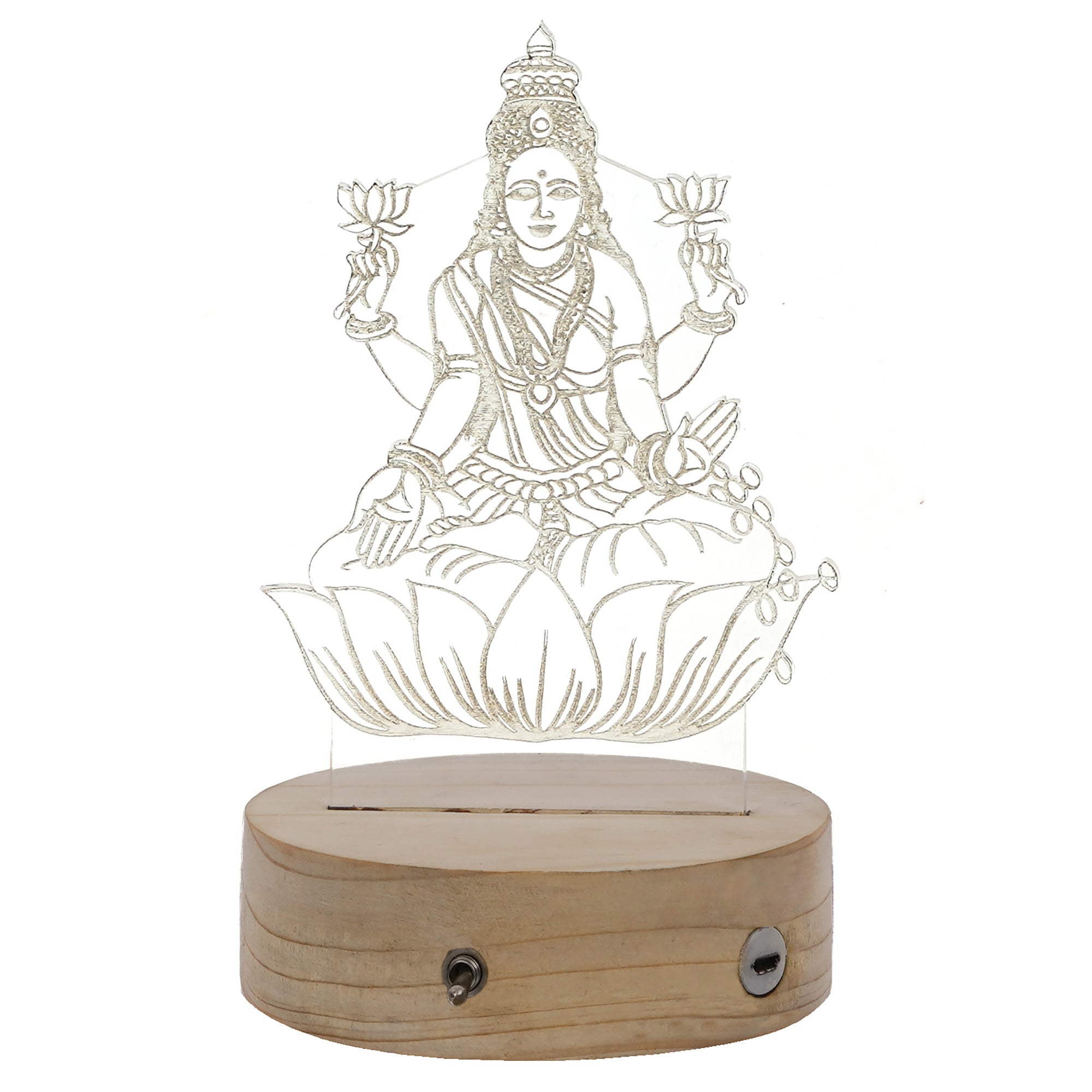 Goddess Laxmi Design Carved on Acrylic & Wood Base Night Lamp 6