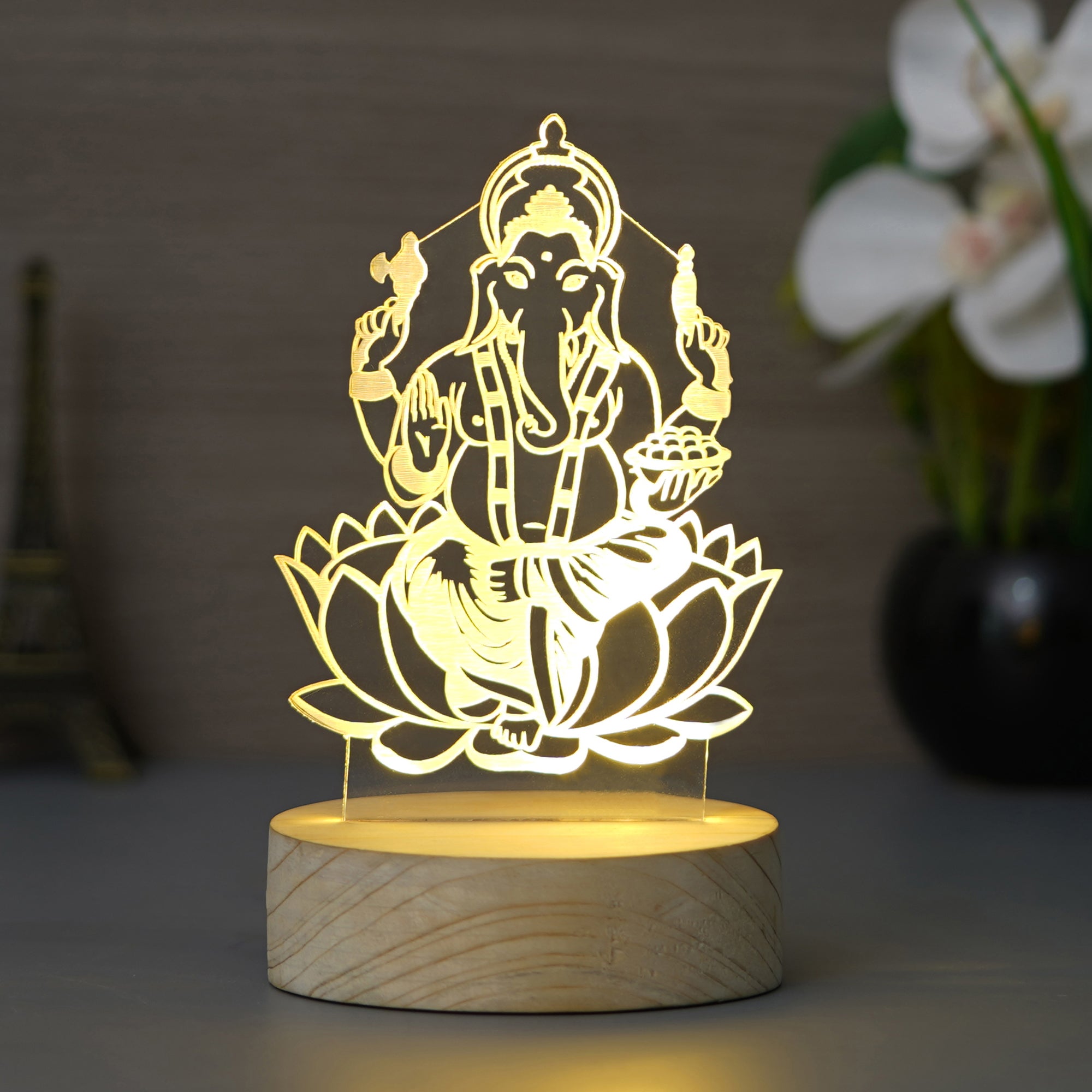 Lord Ganesha Design Carved on Acrylic & Wood Base Night Lamp