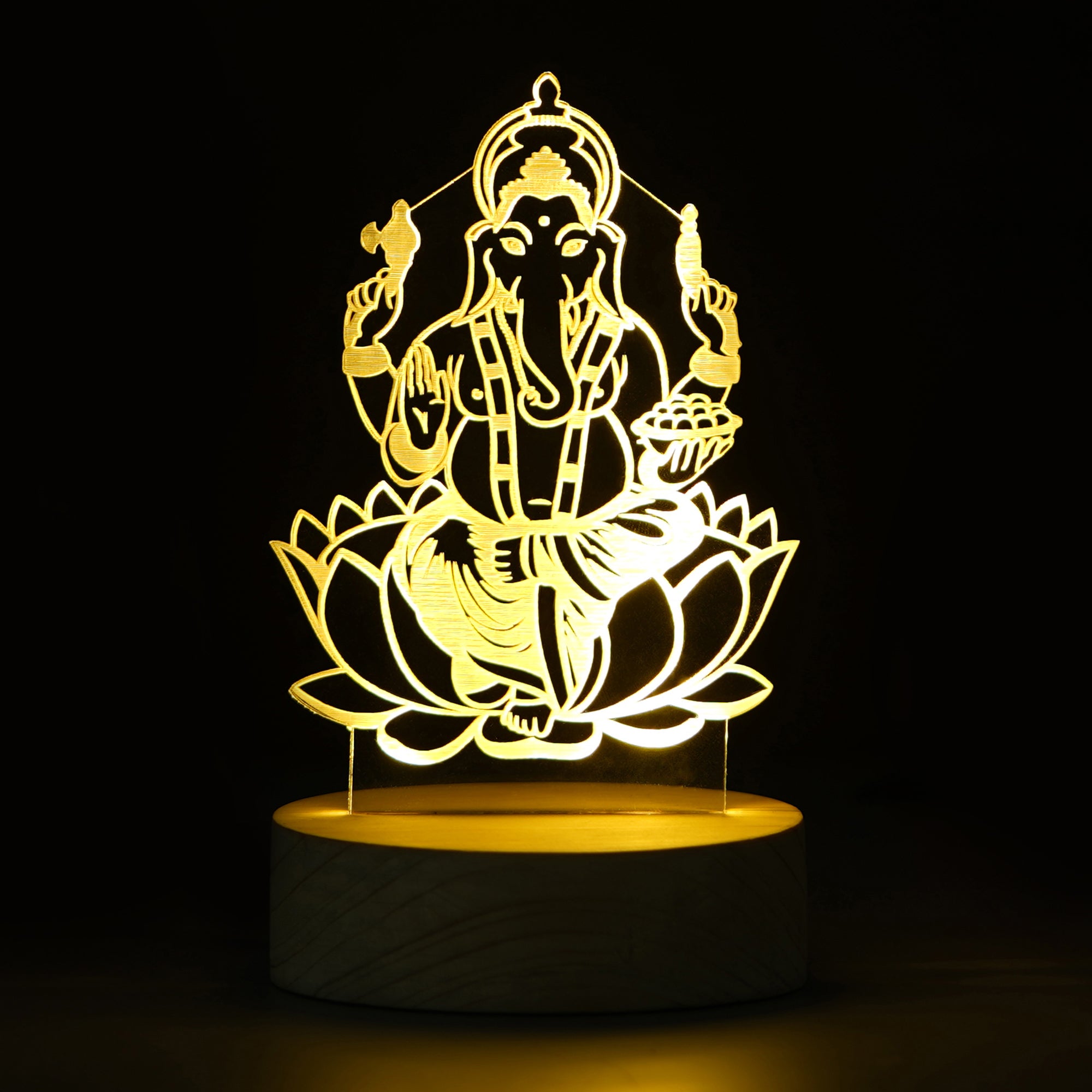 Lord Ganesha Design Carved on Acrylic & Wood Base Night Lamp 1
