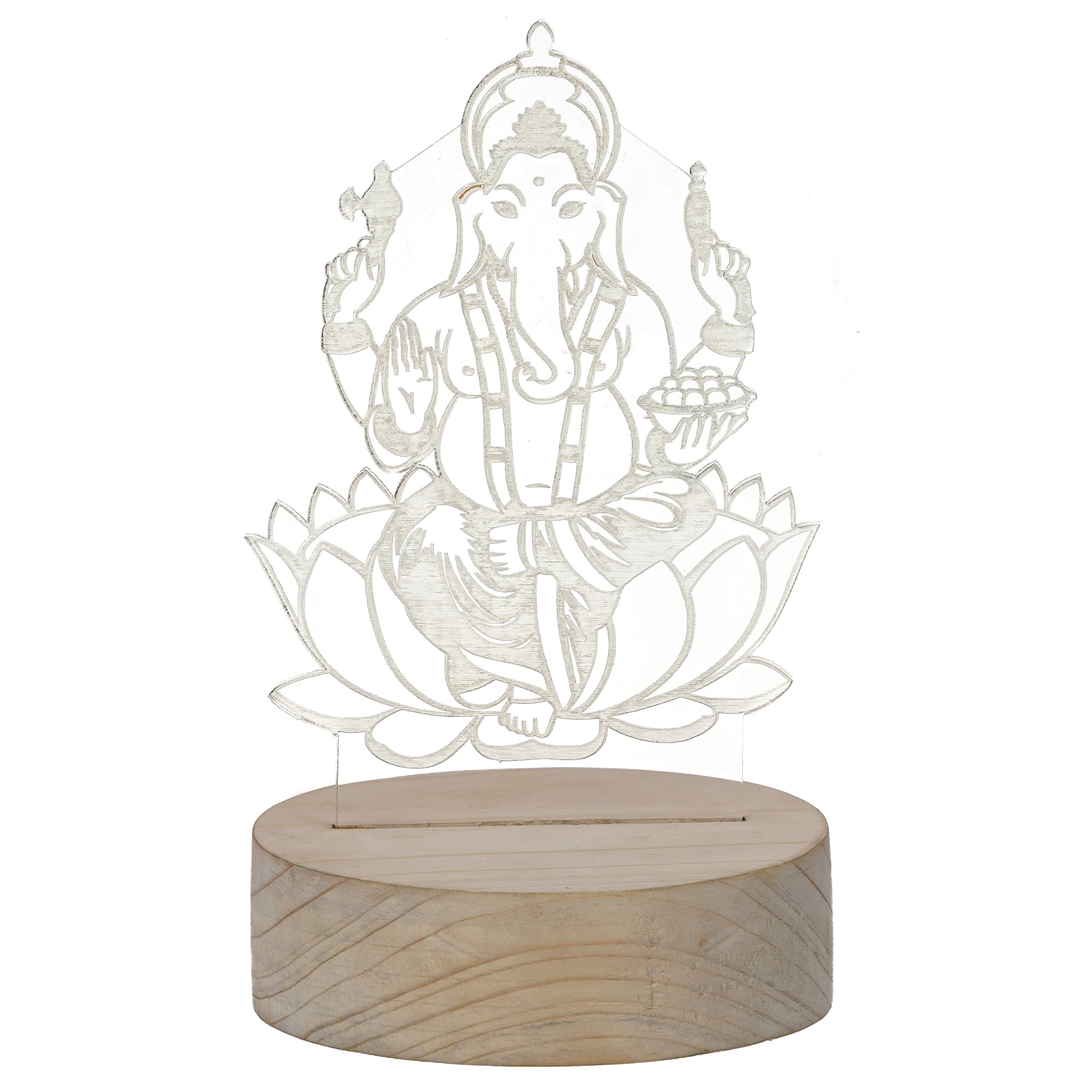 Lord Ganesha Design Carved on Acrylic & Wood Base Night Lamp 2