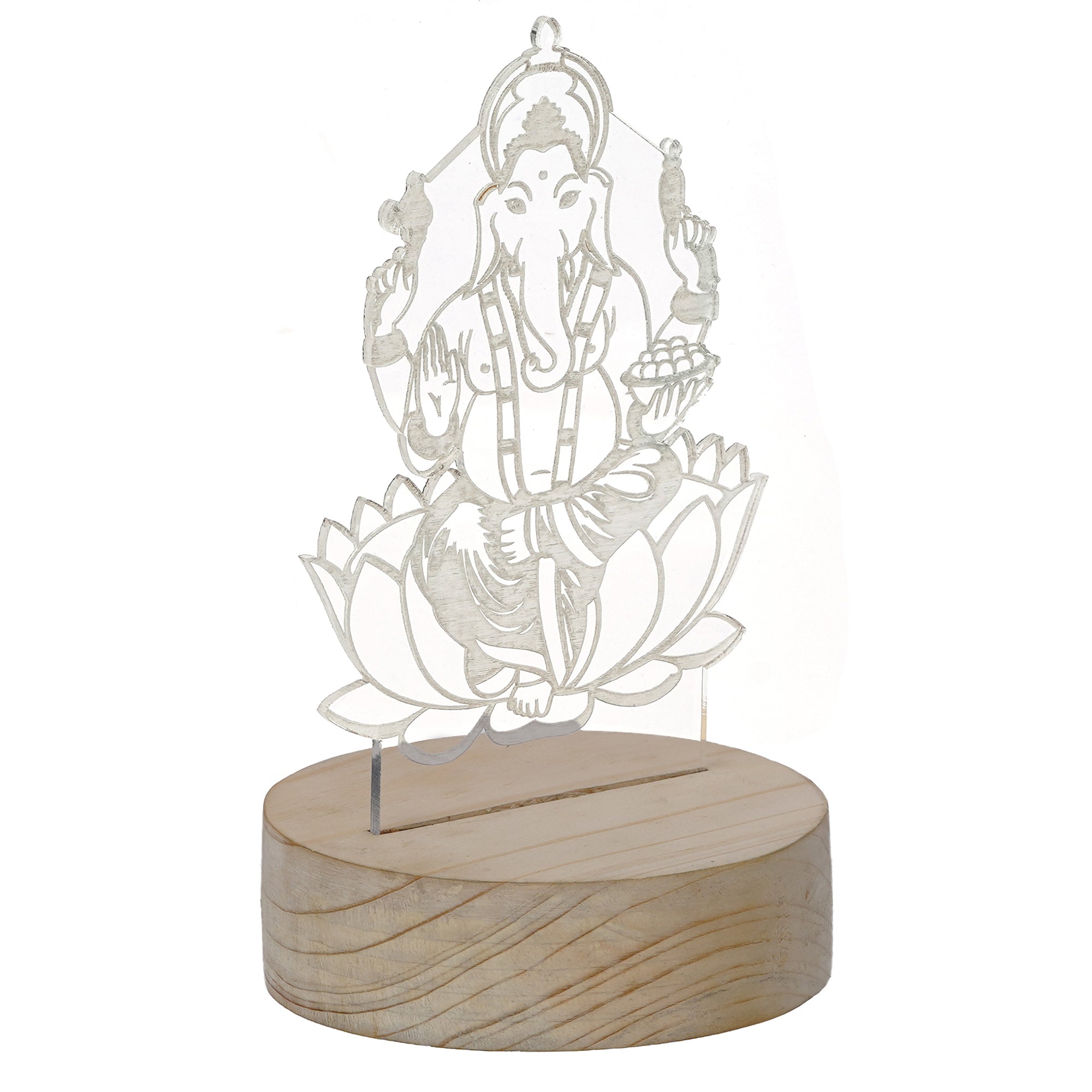 Lord Ganesha Design Carved on Acrylic & Wood Base Night Lamp 4