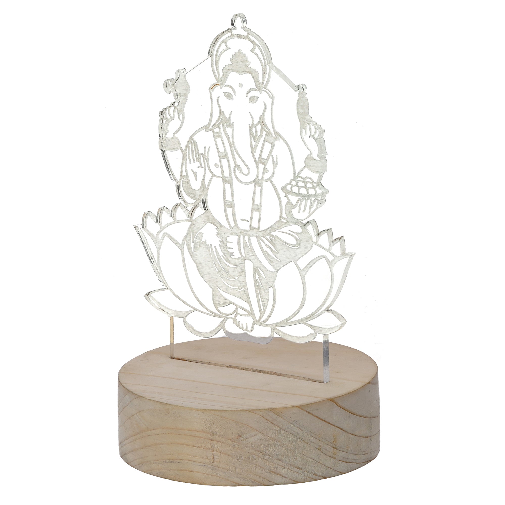 Lord Ganesha Design Carved on Acrylic & Wood Base Night Lamp 5