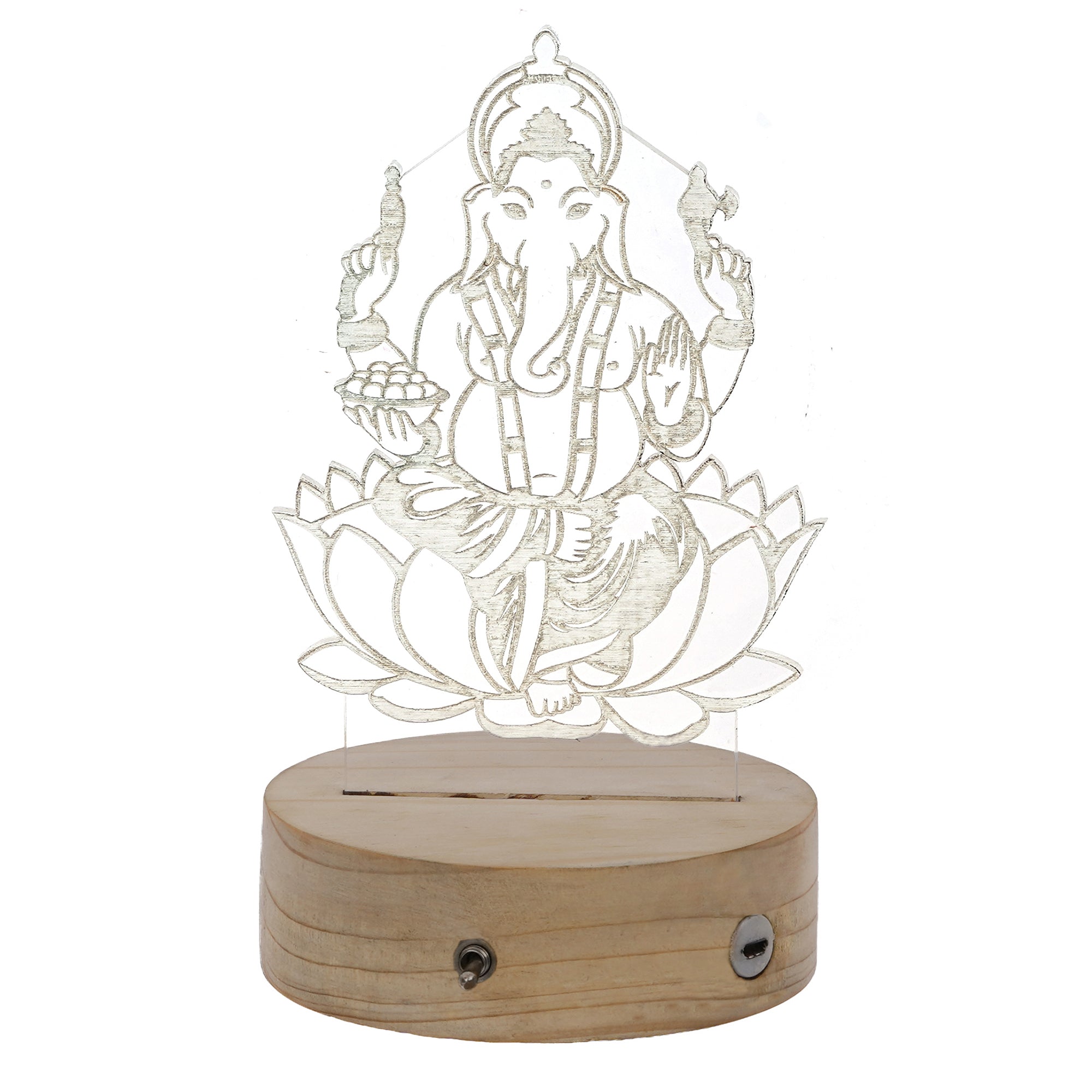 Lord Ganesha Design Carved on Acrylic & Wood Base Night Lamp 6