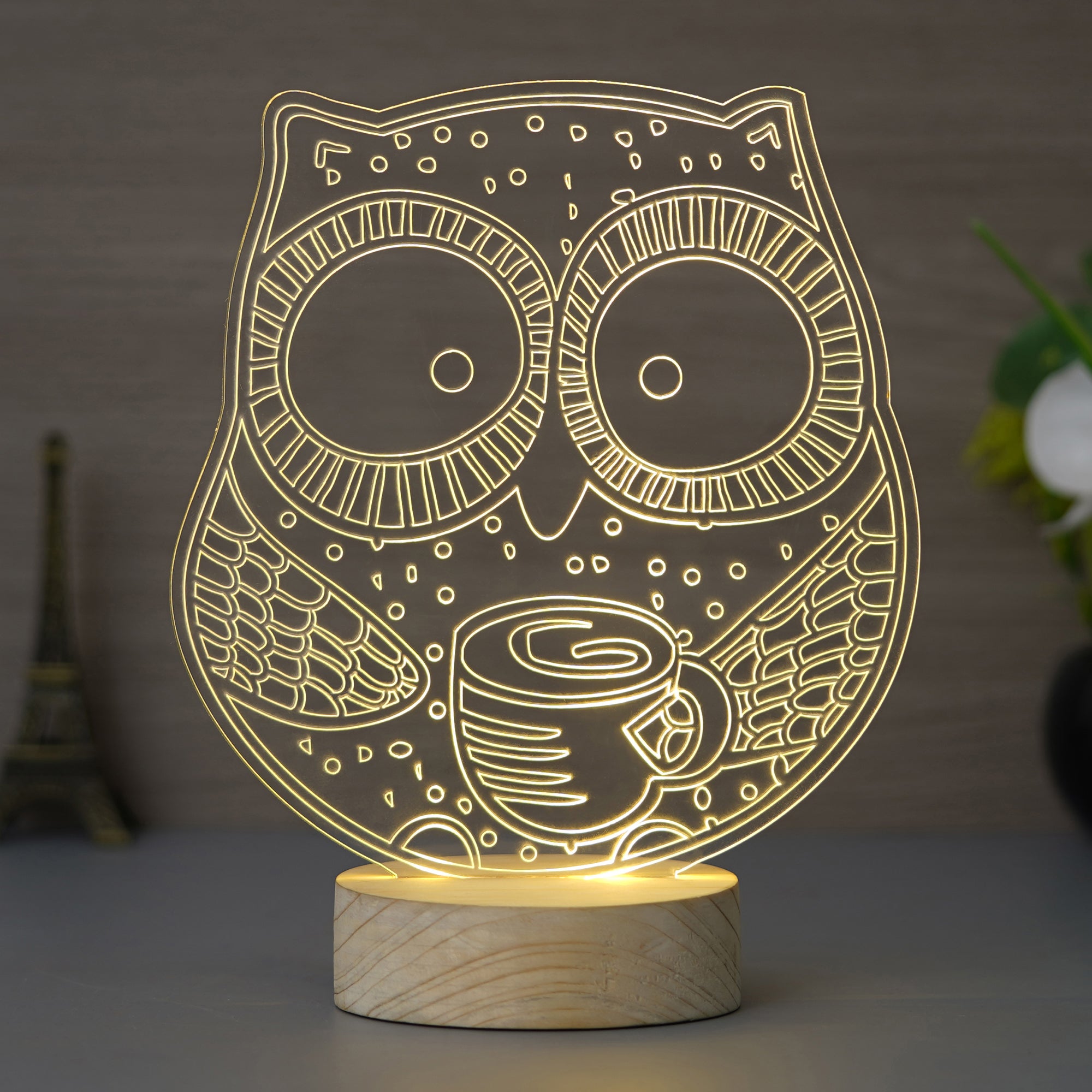 Owl Design Carved on Acrylic & Wood Base Night Lamp