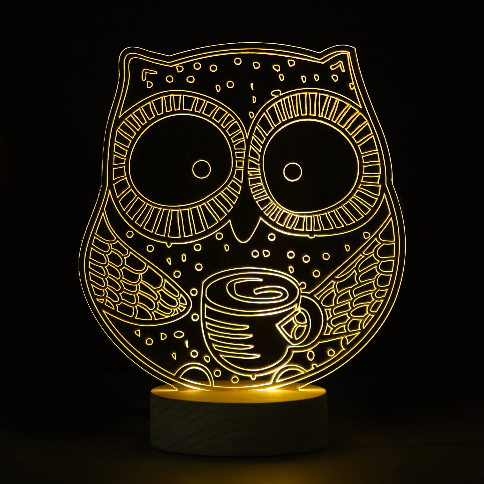 Owl Design Carved on Acrylic & Wood Base Night Lamp 1
