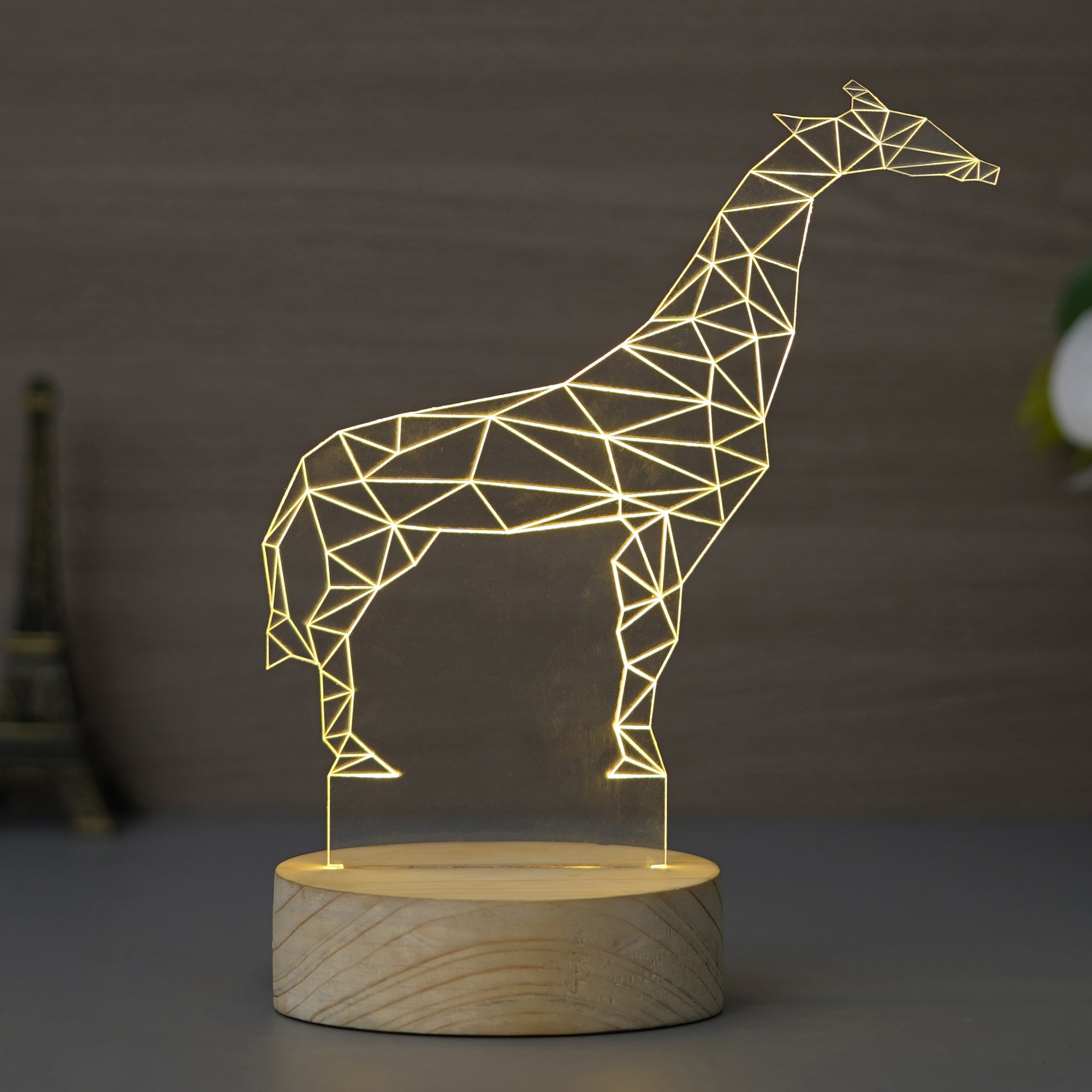Giraffe Design Carved on Acrylic & Wood Base Night Lamp