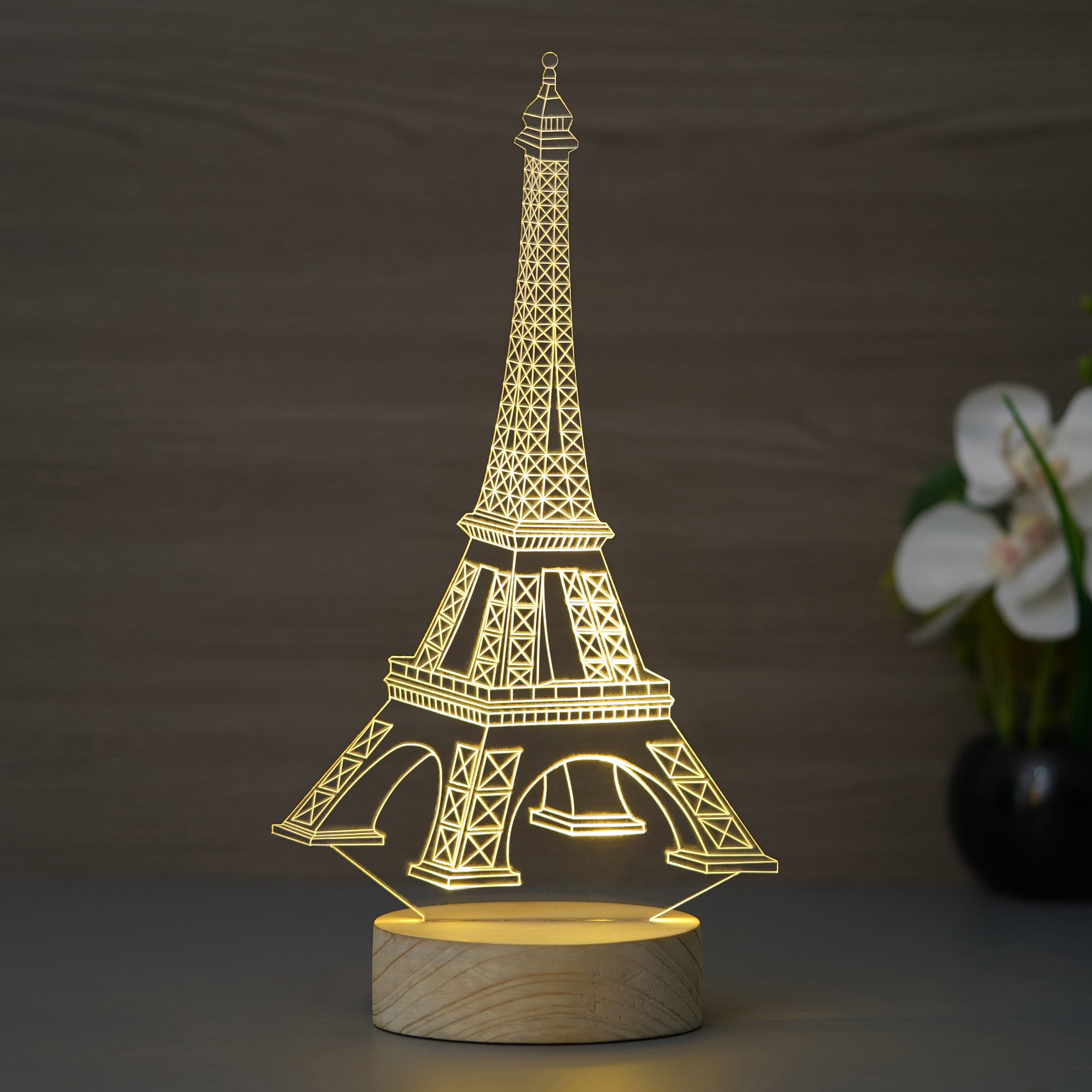 Eiffel Tower Design Carved on Acrylic & Wood Base Night Lamp