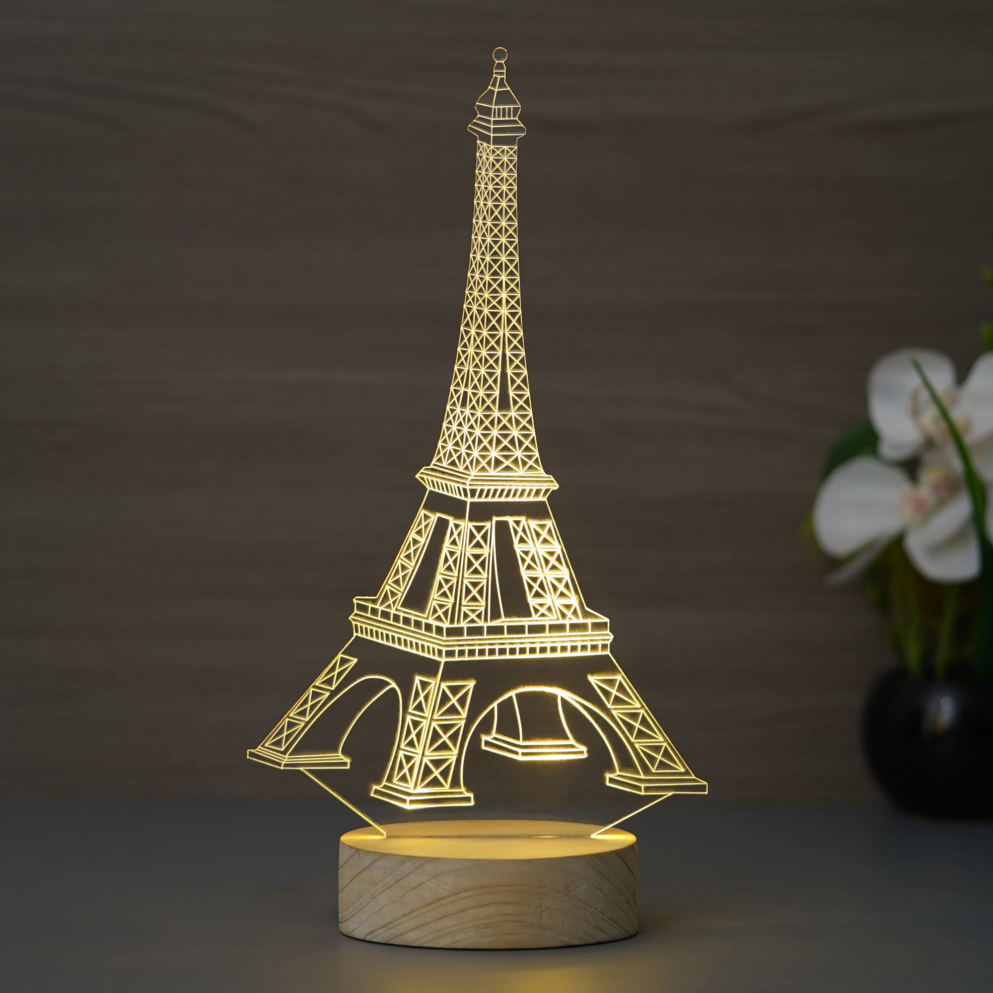Eiffel Tower Design Carved on Acrylic & Wood Base Night Lamp – eCraftIndia