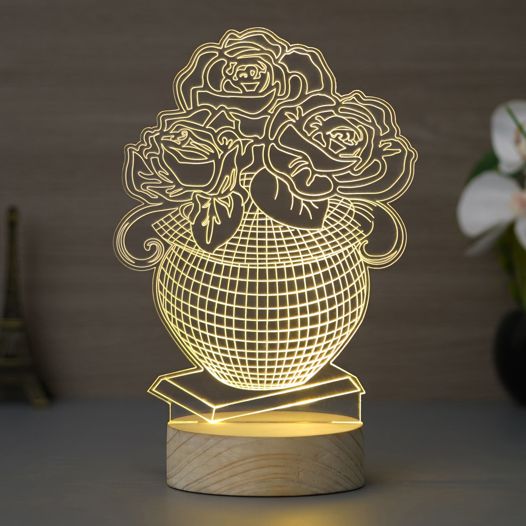 Rose Flower Pot Design Carved on Acrylic & Wood Base Night Lamp