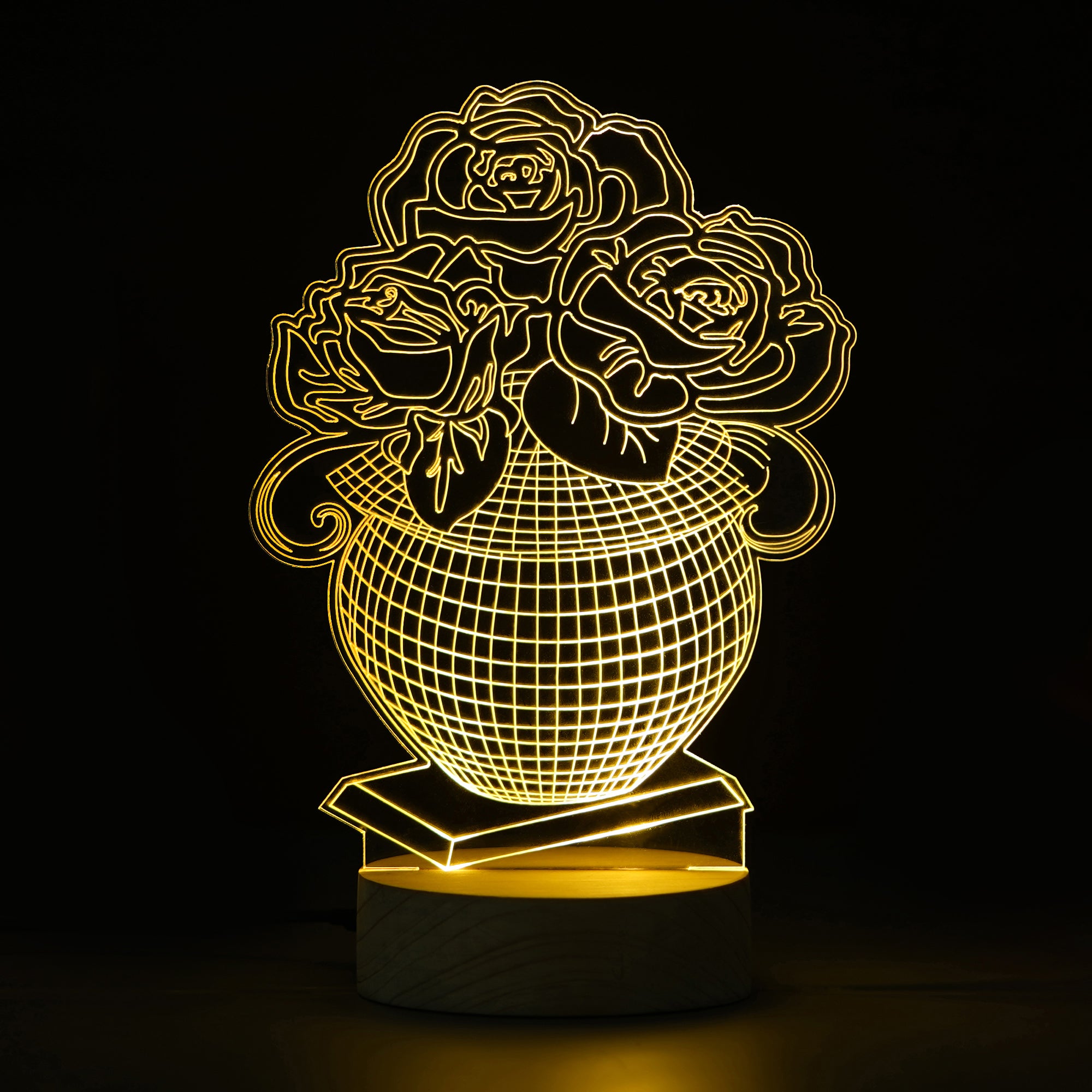 Rose Flower Pot Design Carved on Acrylic & Wood Base Night Lamp 1
