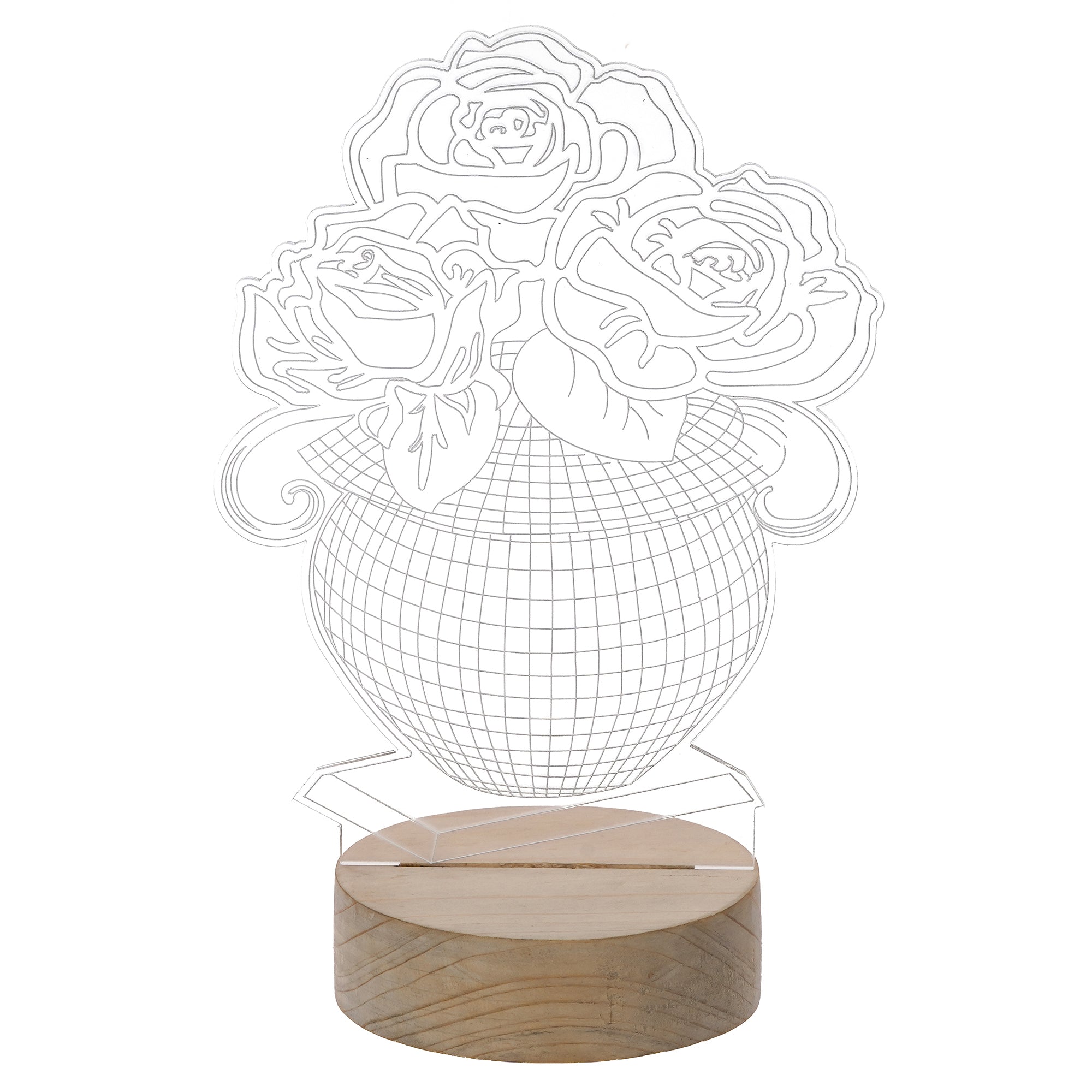 Rose Flower Pot Design Carved on Acrylic & Wood Base Night Lamp 2
