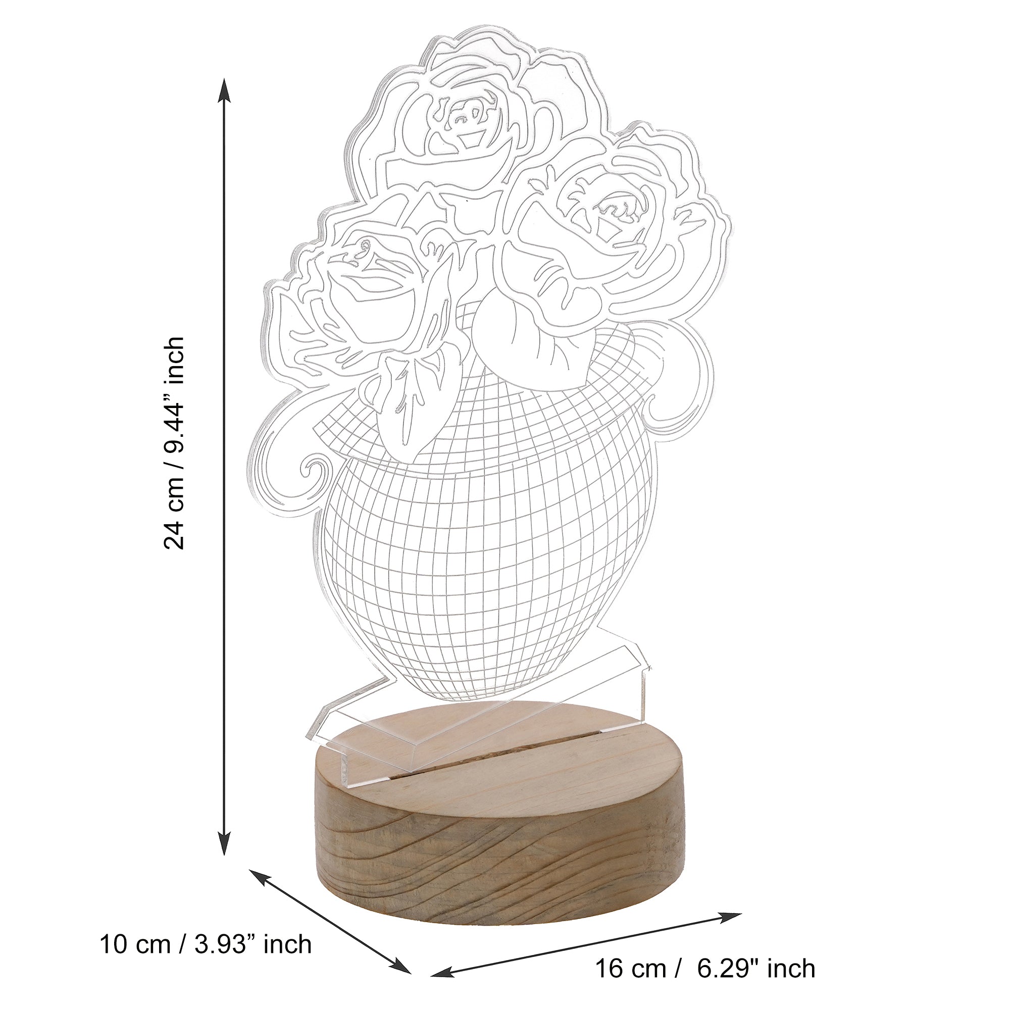 Rose Flower Pot Design Carved on Acrylic & Wood Base Night Lamp 3