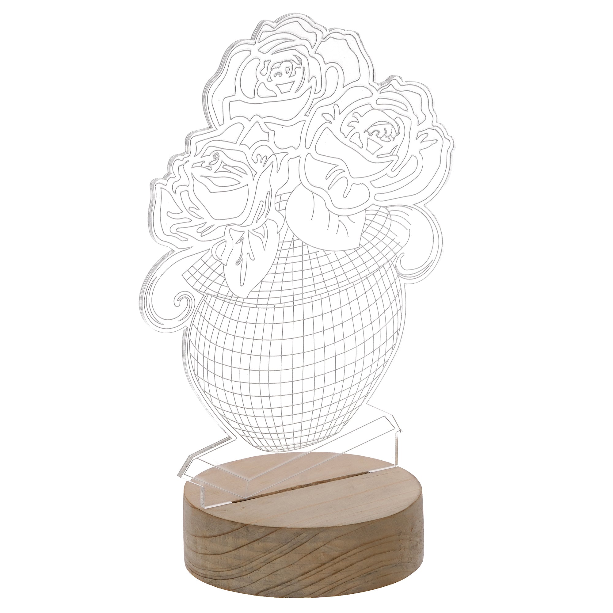 Rose Flower Pot Design Carved on Acrylic & Wood Base Night Lamp 4