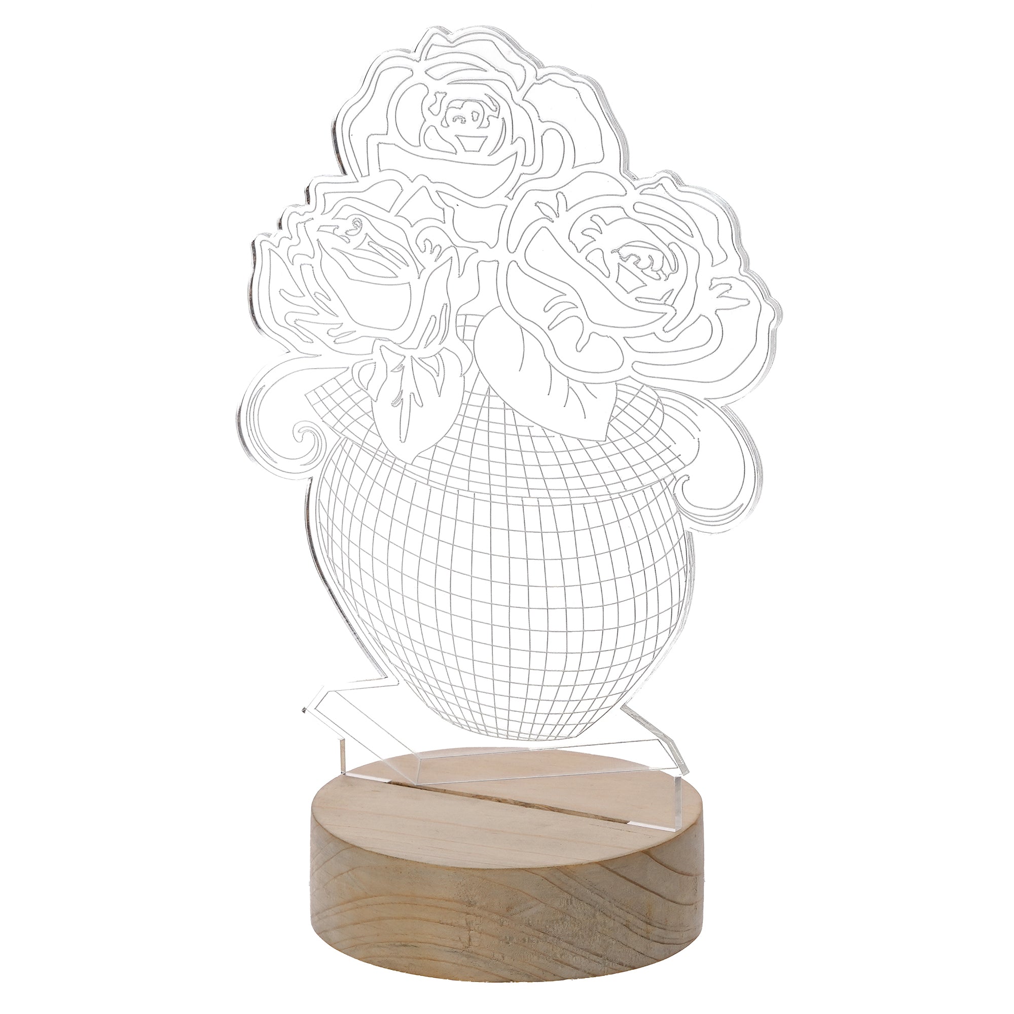 Rose Flower Pot Design Carved on Acrylic & Wood Base Night Lamp 5