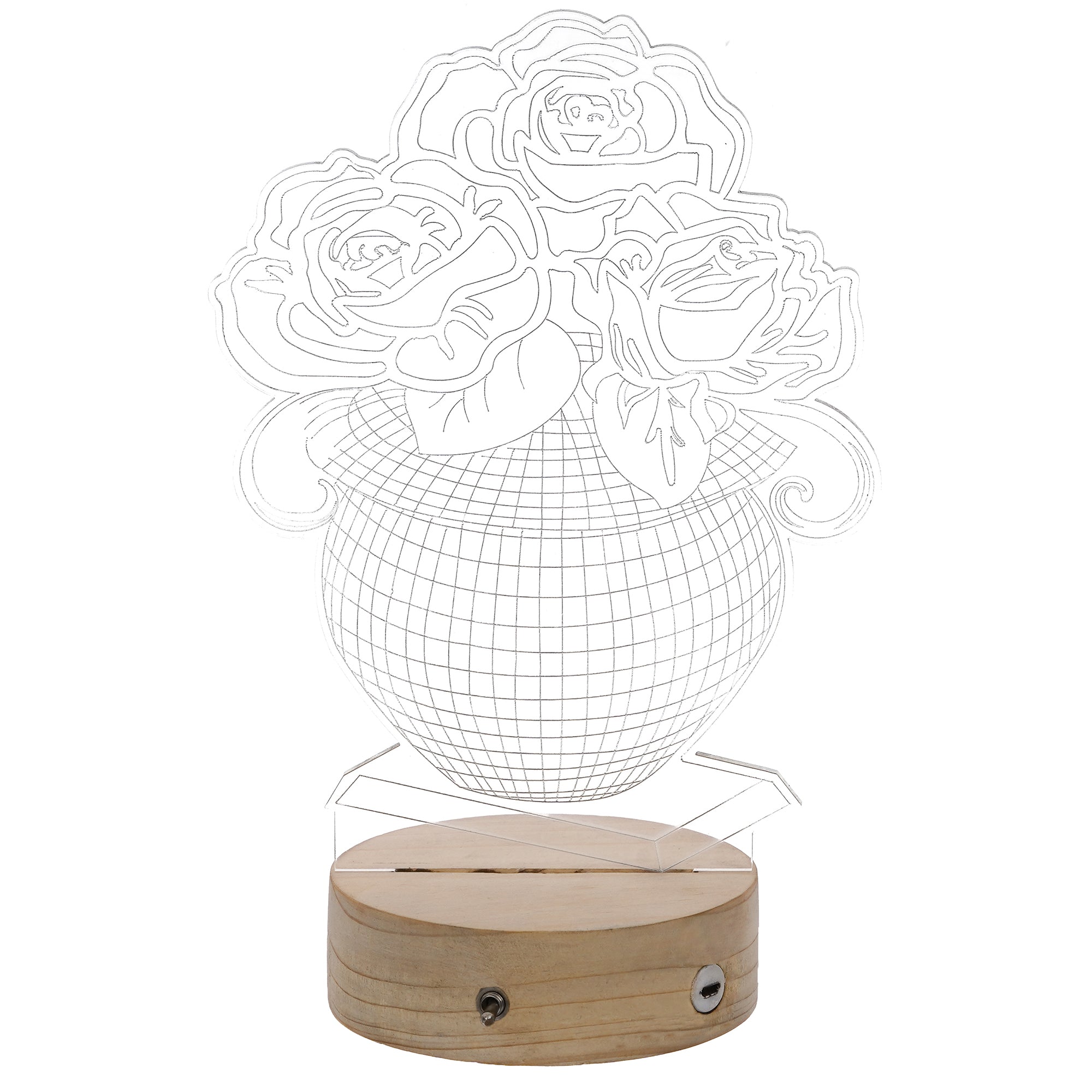 Rose Flower Pot Design Carved on Acrylic & Wood Base Night Lamp 6