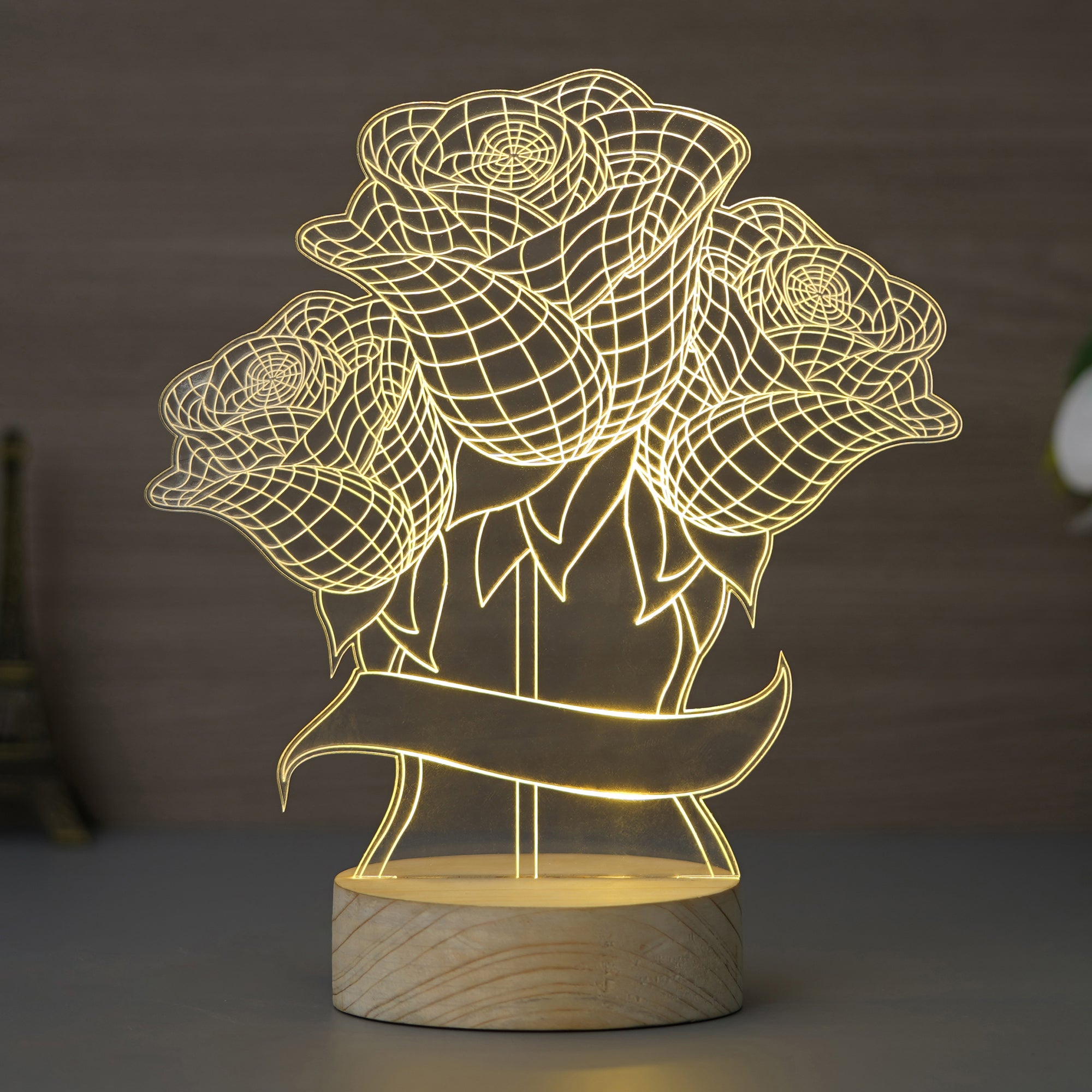 Rose Bouquet Design Carved on Acrylic & Wood Base Night Lamp