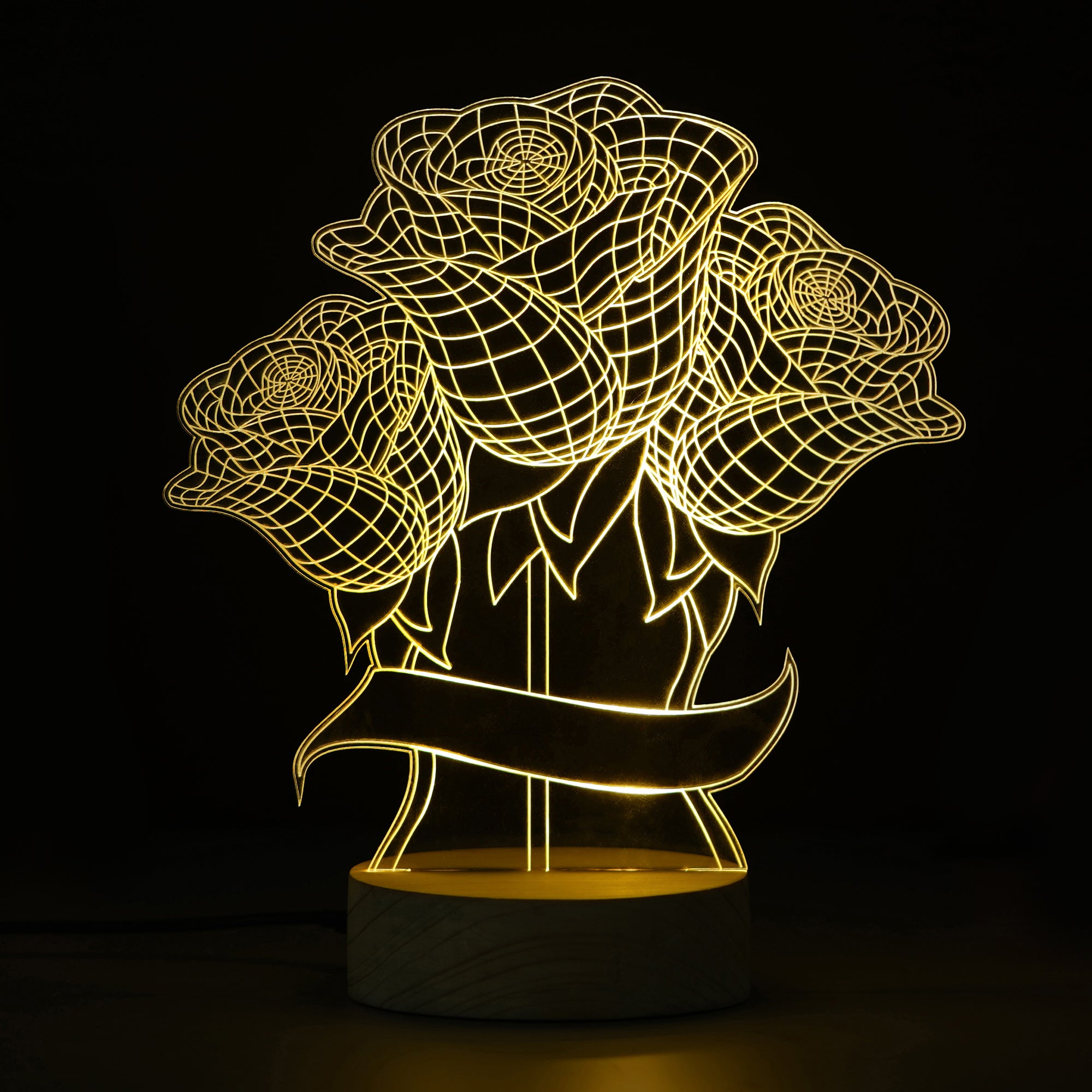 Rose Bouquet Design Carved on Acrylic & Wood Base Night Lamp 1