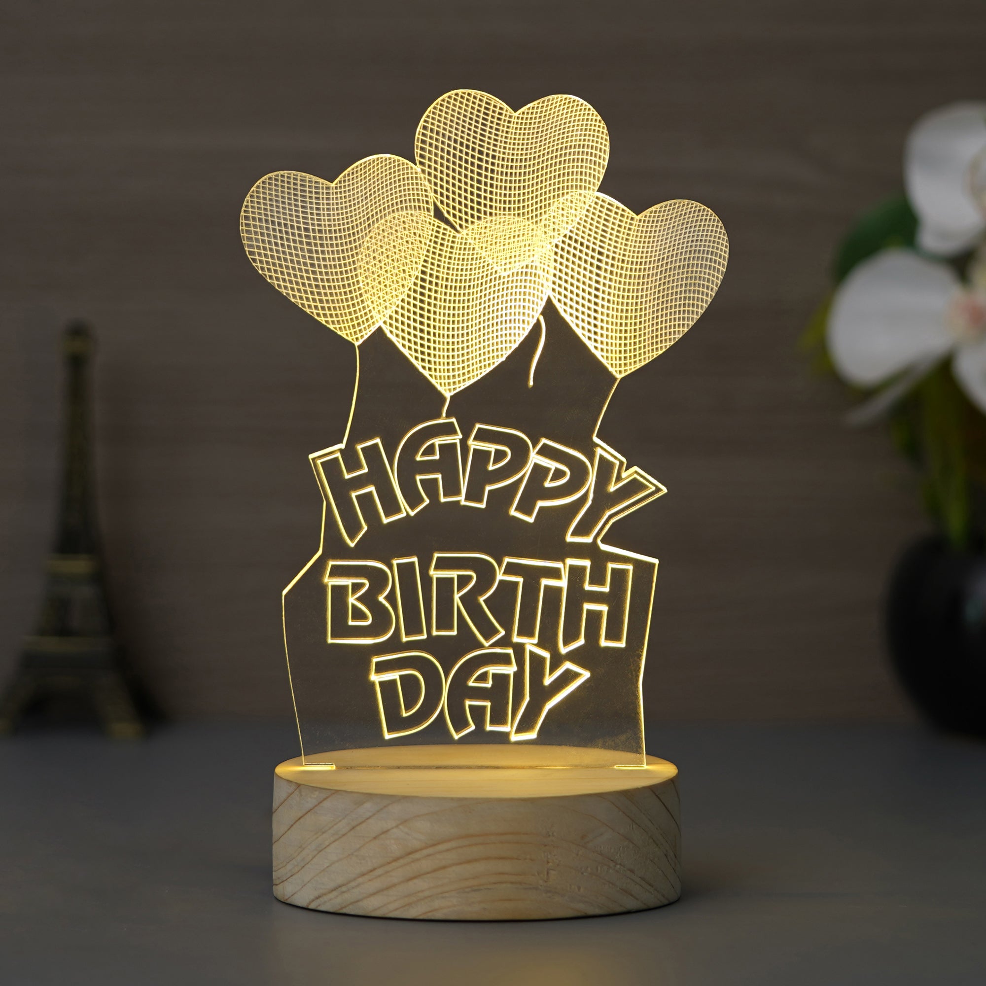 Happy Birthday Heart Design Carved on Acrylic & Wood Base Night Lamp