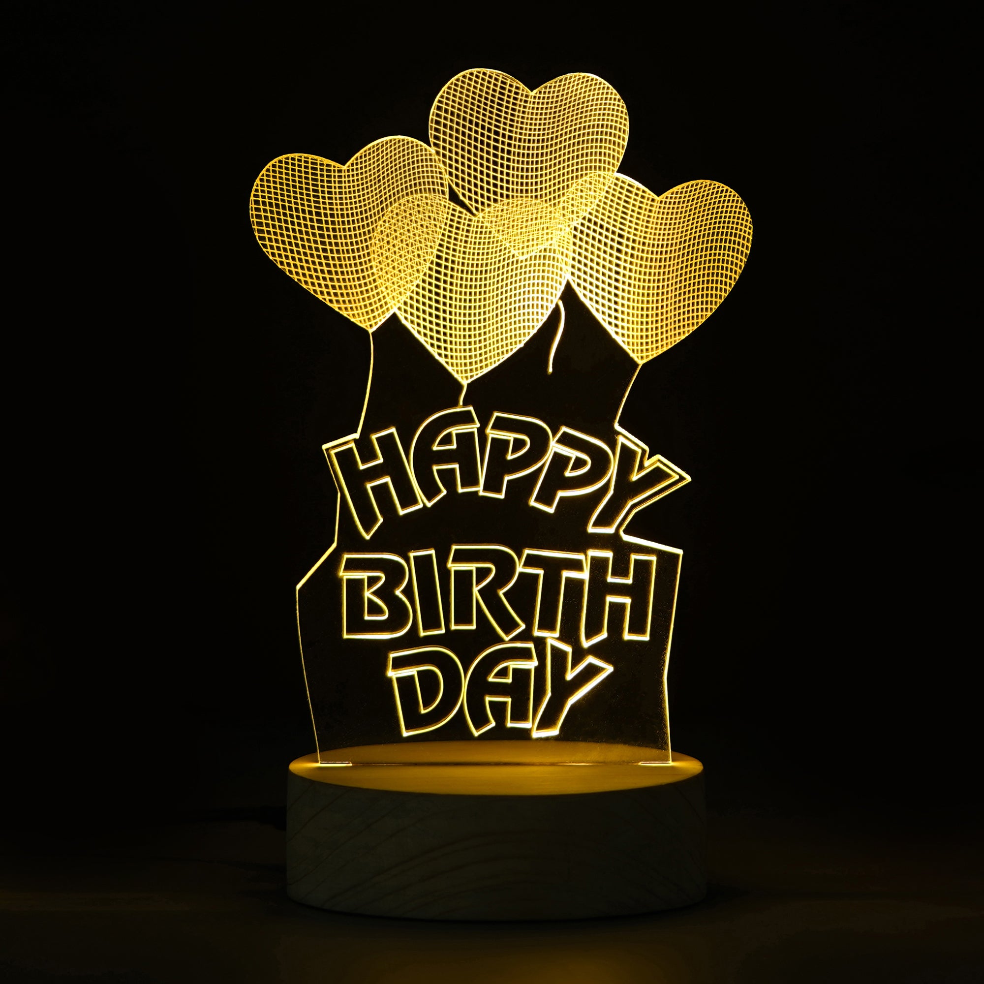 Happy Birthday Heart Design Carved on Acrylic & Wood Base Night Lamp 1