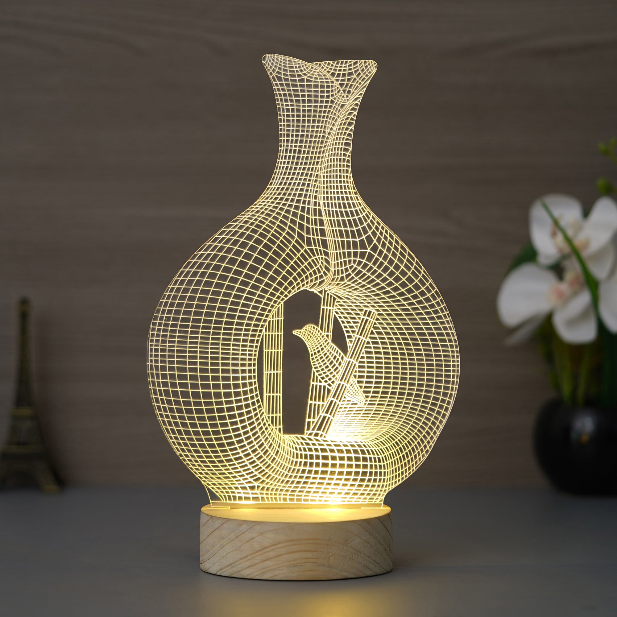 Pot with Bird Design Carved on Acrylic & Wood Base Night Lamp