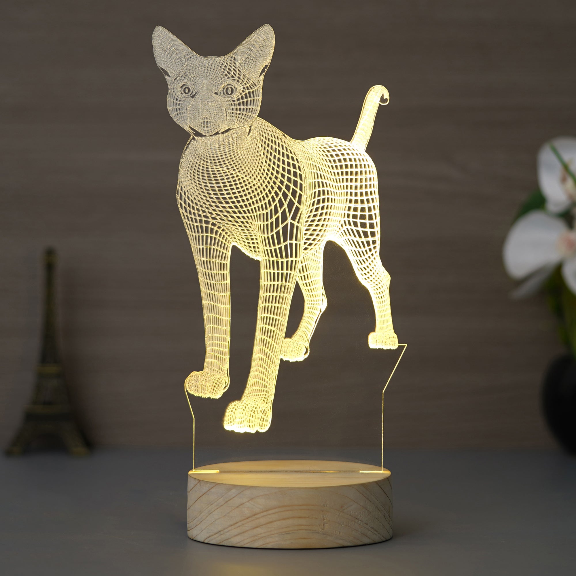 Standing Cat Design Carved on Acrylic & Wood Base Night Lamp