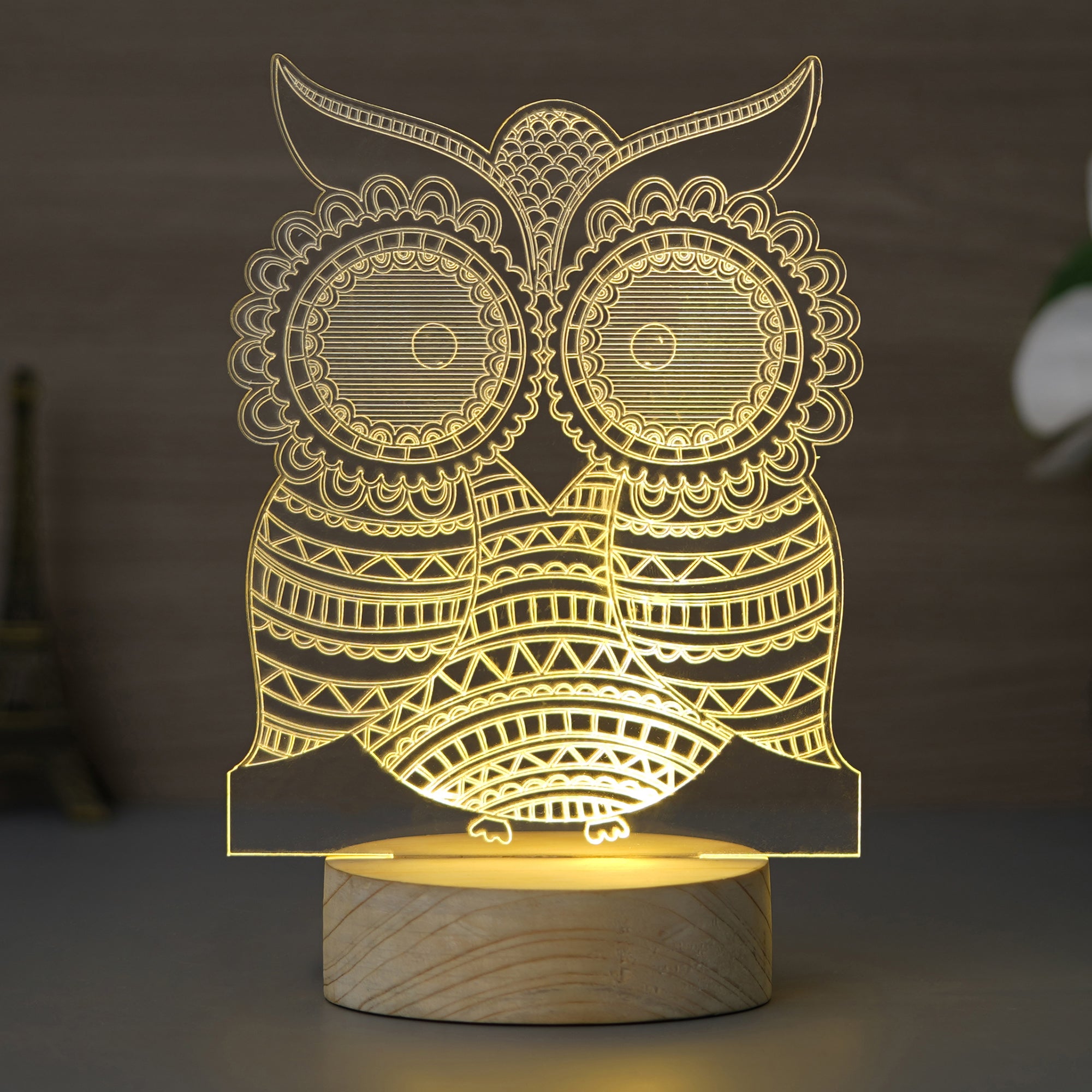 Owl Design Carved on Acrylic & Wood Base Night Lamp