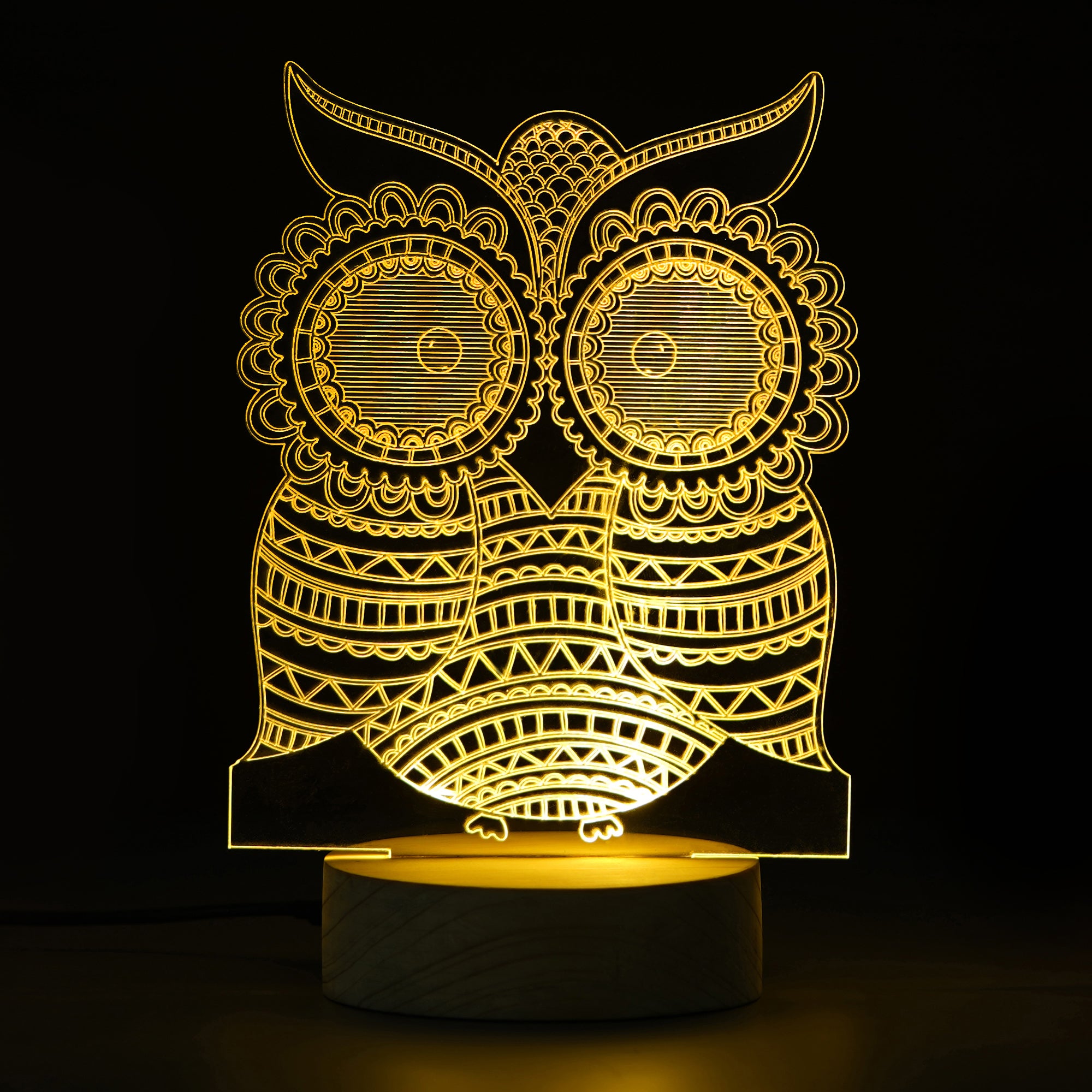 Owl Design Carved on Acrylic & Wood Base Night Lamp 1