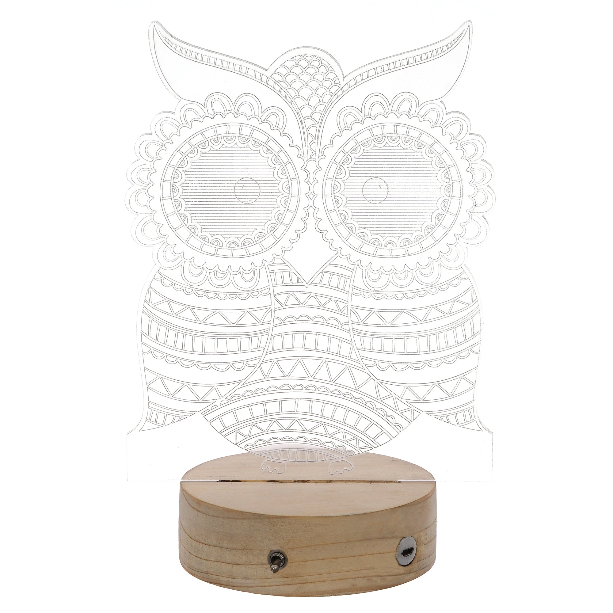 Owl Design Carved on Acrylic & Wood Base Night Lamp 6