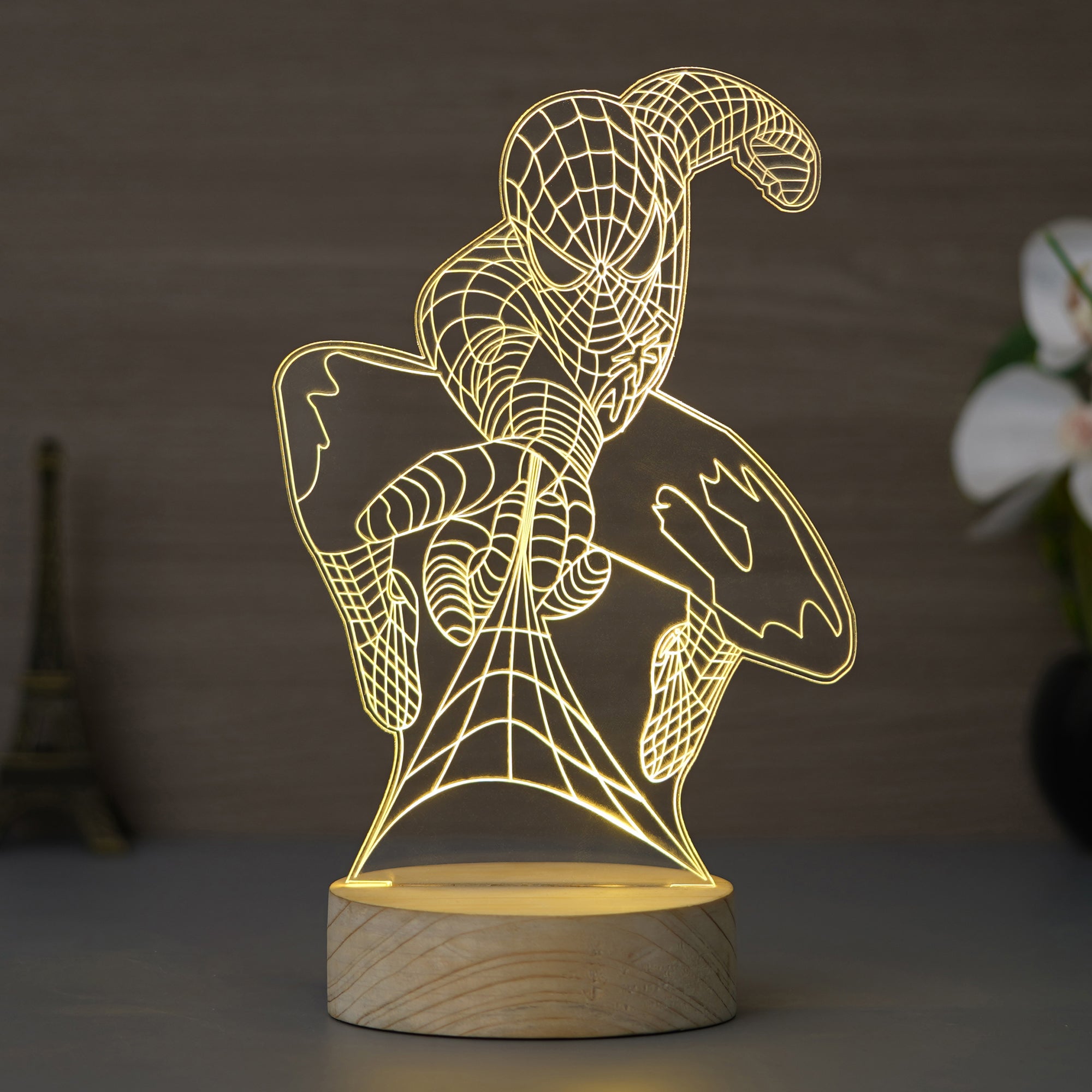 Spiderman Design Carved on Acrylic & Wood Base Night Lamp