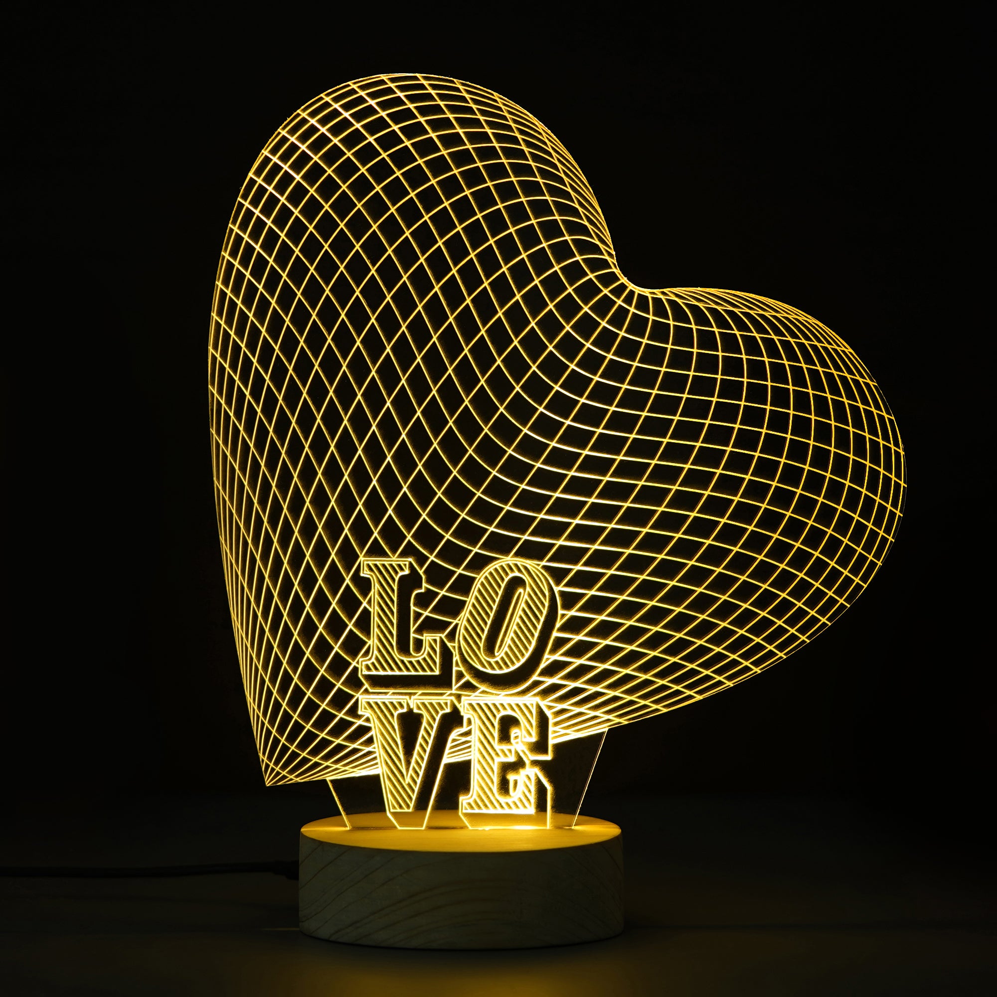 Love Heart Design Carved on Acrylic & Wood Base Night Lamp (With Rechargeble Battery) 1