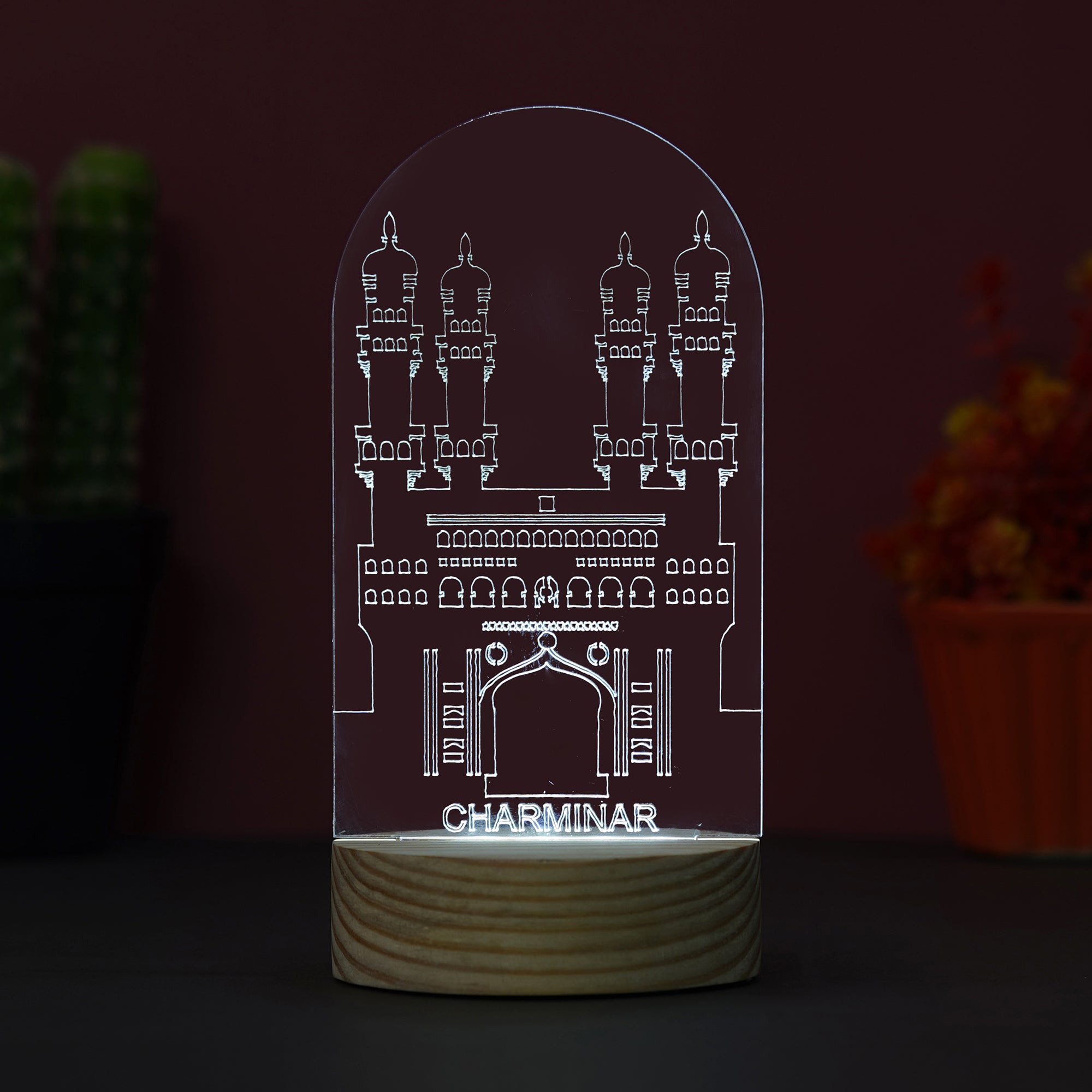 eCraftIndia Acrylic & Wooden Base Light Blue Charminar Design Decorated Table Night Lamp With Rechargeable Battery 4