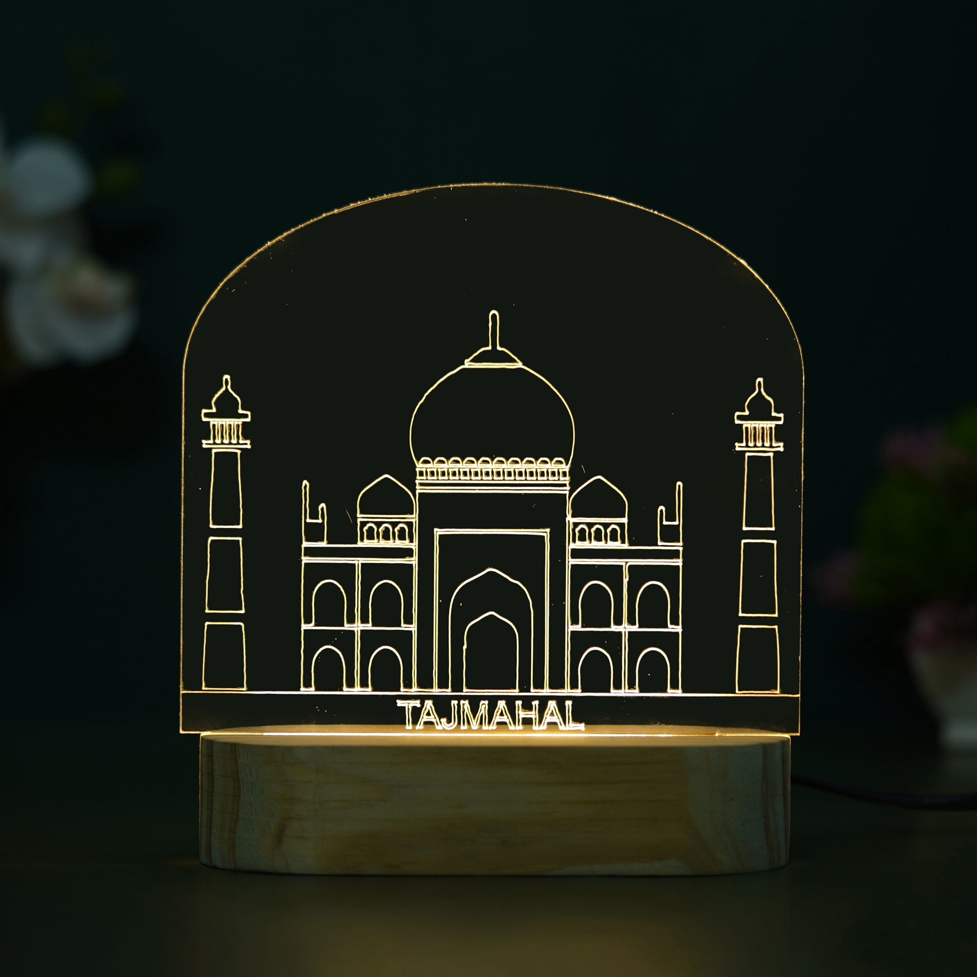 eCraftIndia Acrylic & Wooden Base Yellow Taj Mahal Design Decorated Table Night Lamp