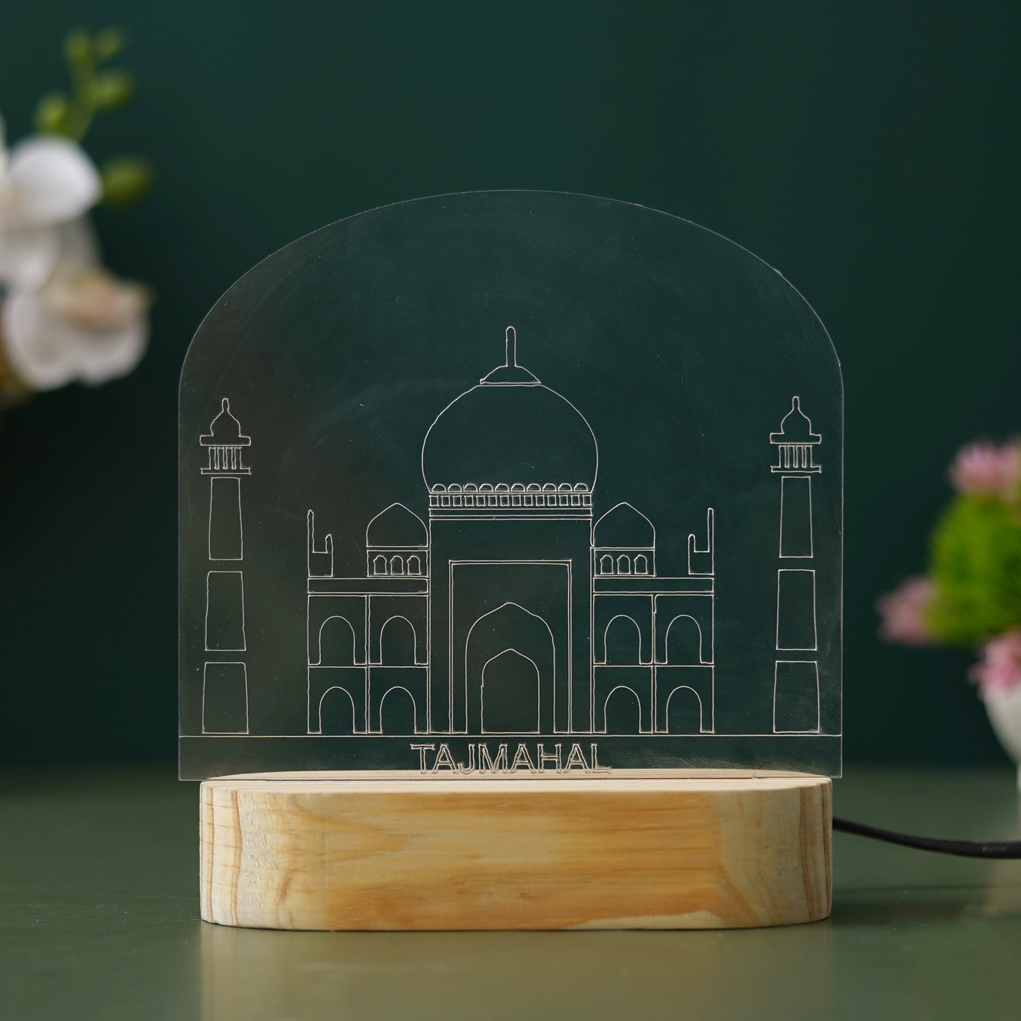 eCraftIndia Acrylic & Wooden Base Yellow Taj Mahal Design Decorated Table Night Lamp 1