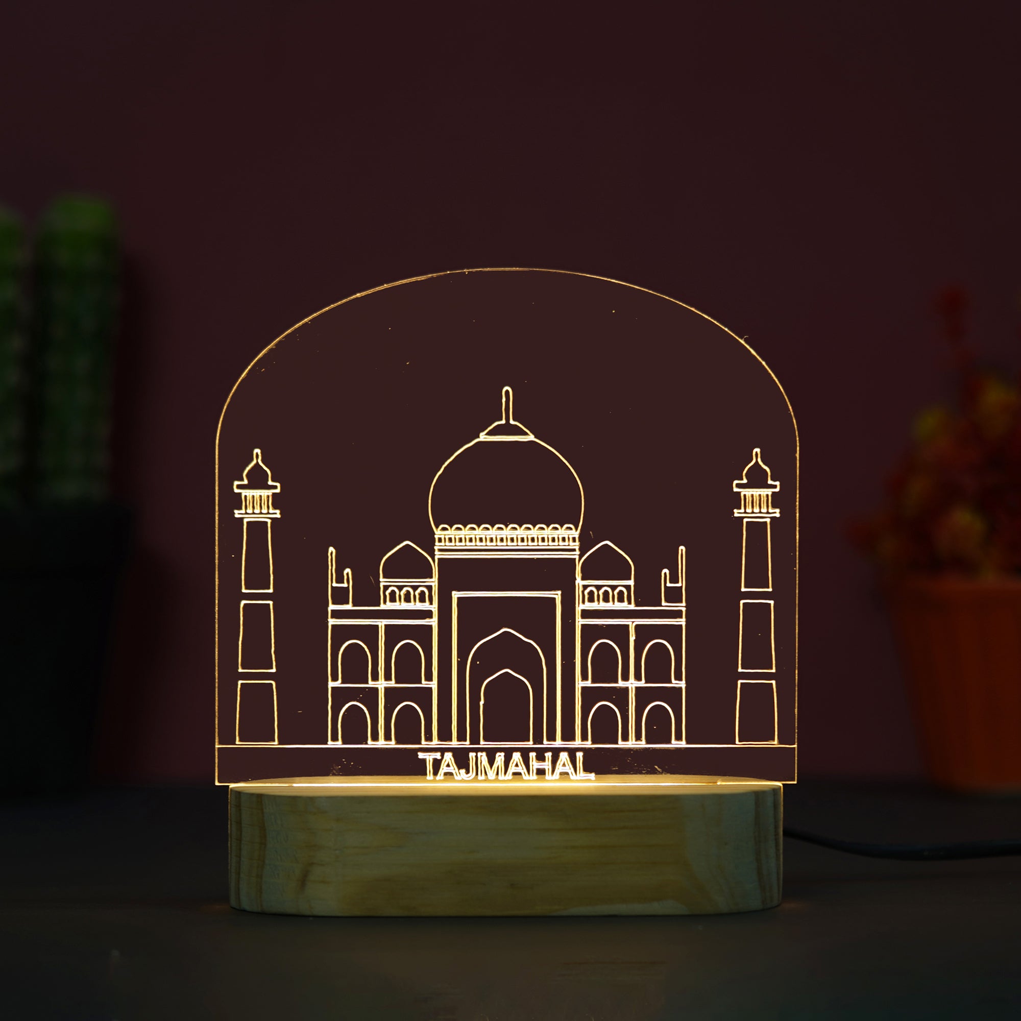 eCraftIndia Acrylic & Wooden Base Yellow Taj Mahal Design Decorated Table Night Lamp 4