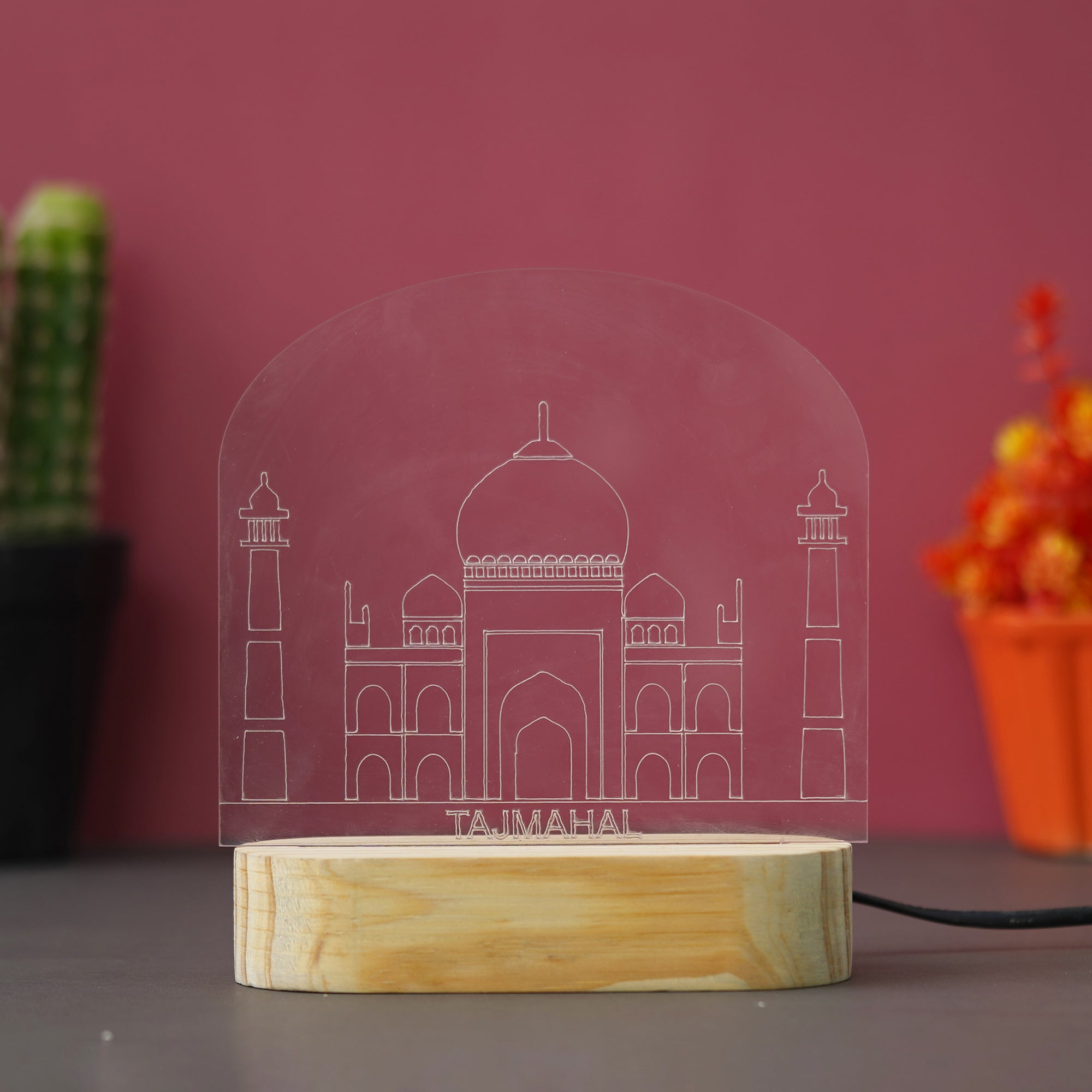 eCraftIndia Acrylic & Wooden Base Yellow Taj Mahal Design Decorated Table Night Lamp 5