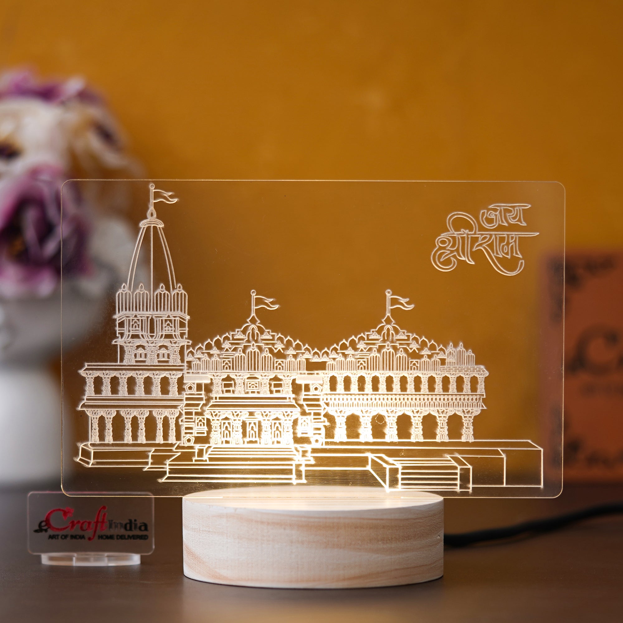 eCraftIndia Acrylic & Wood Base Shri Ram Mandir Ayodhya Temple Design Decorated Table Lamp for Home Temple, Decor, and Spiritual Gifting 5