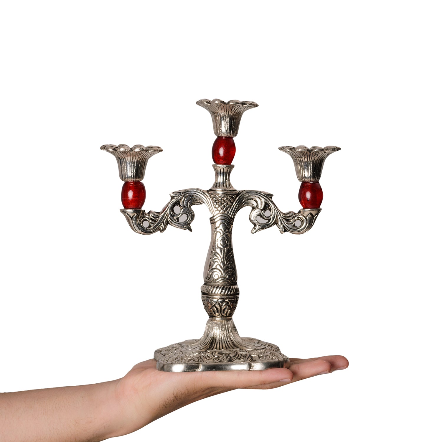 Royal Red Crystal Metal 3 Arm Candle Stand 3