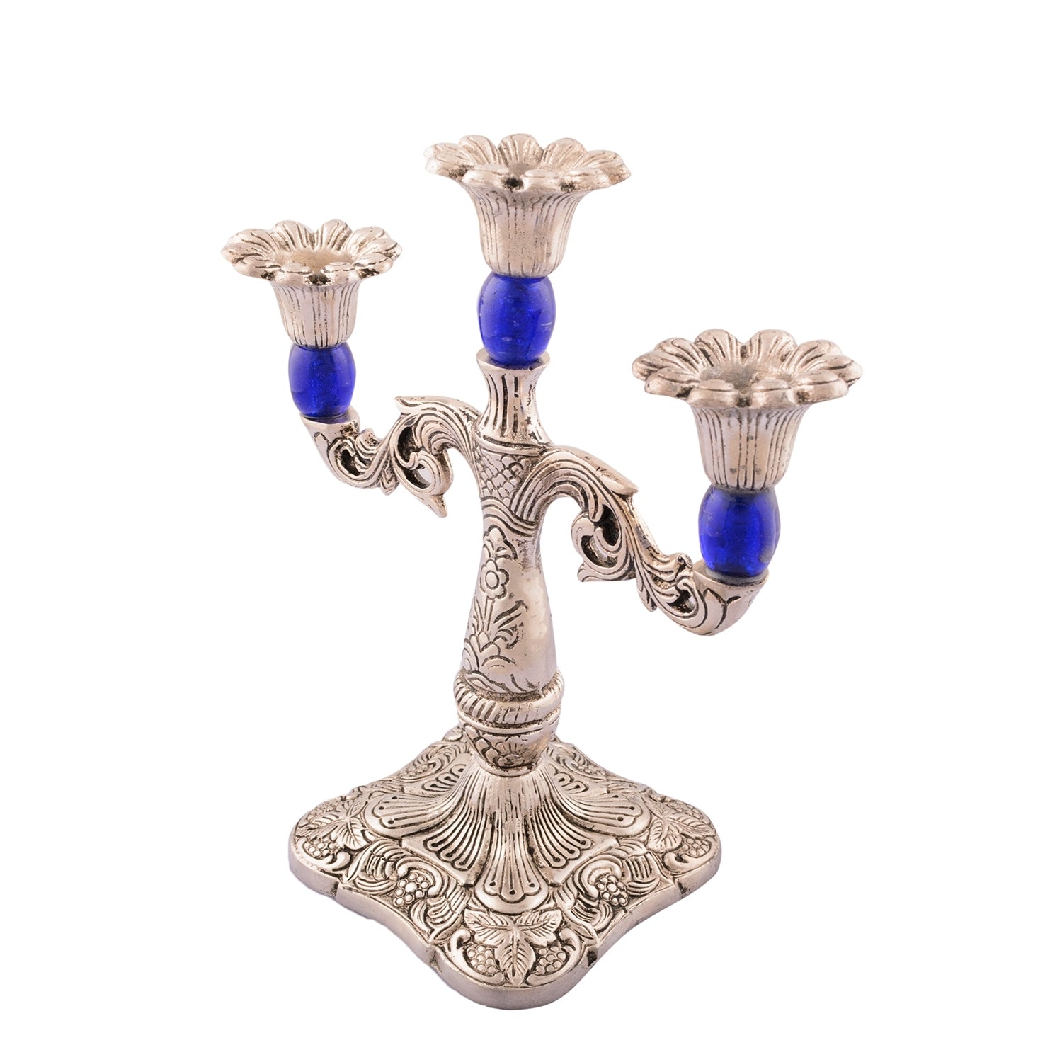 Royal Blue Crystal Metal 3 Arm Candle Stand 3