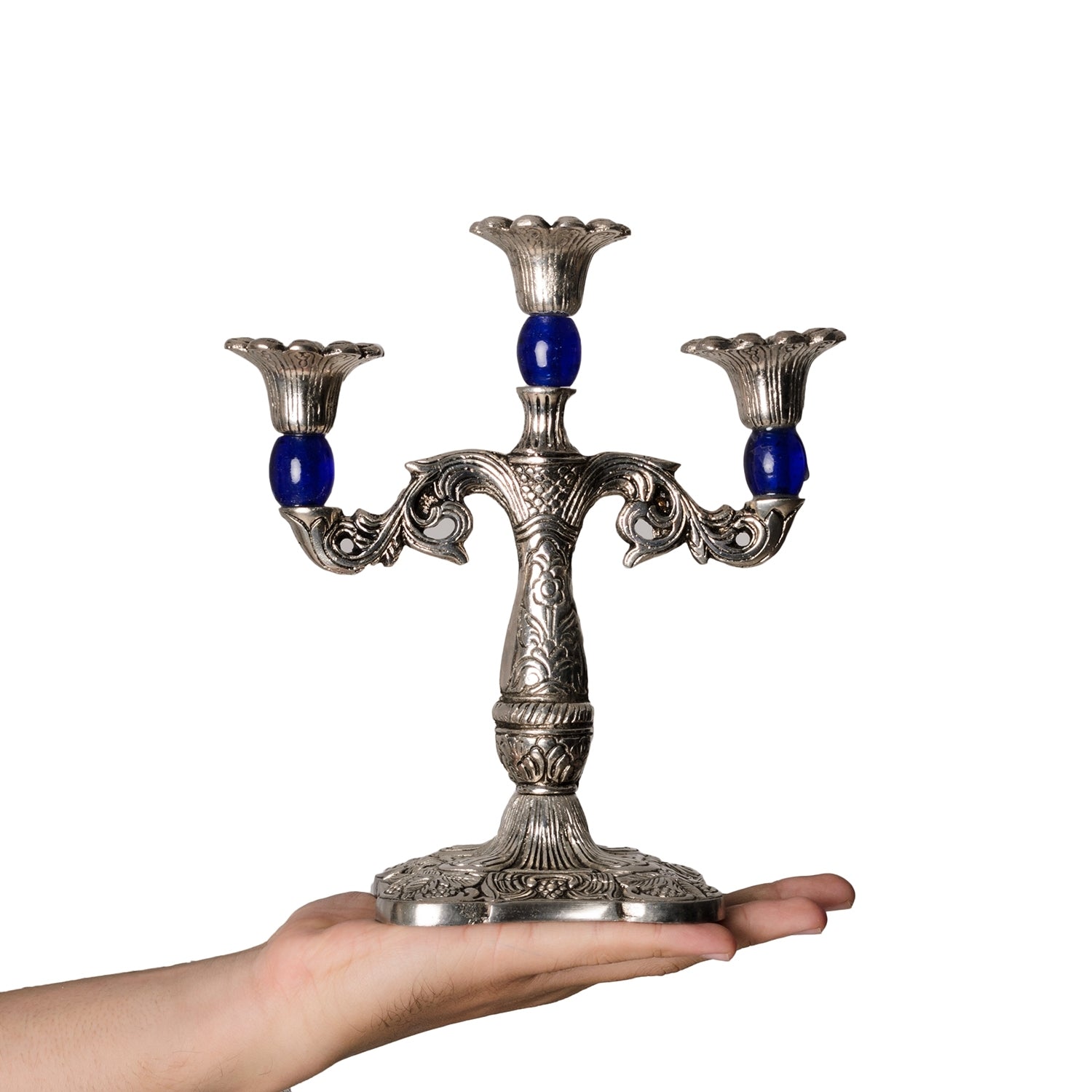 Royal Blue Crystal Metal 3 Arm Candle Stand 4