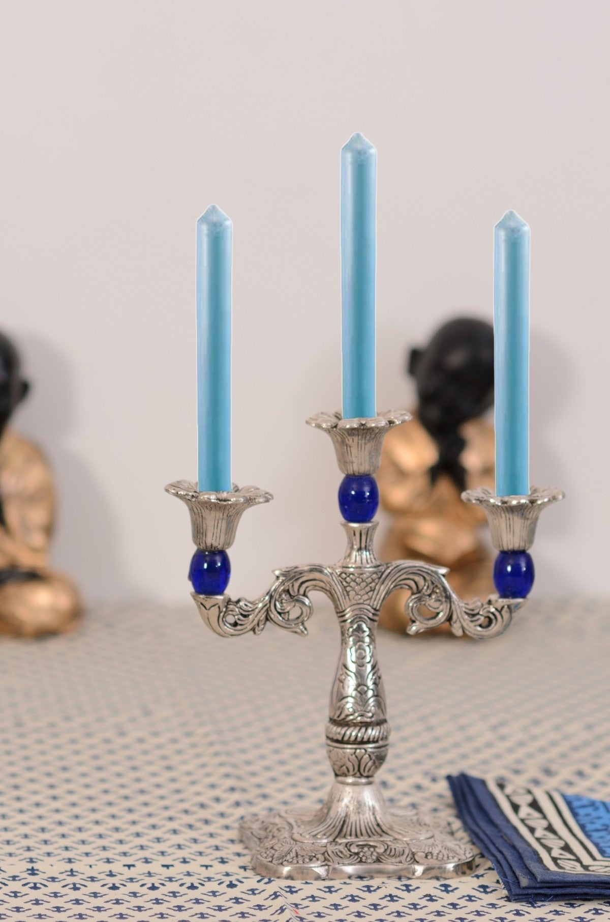 White Metal Silver and blue 3 Candle stand