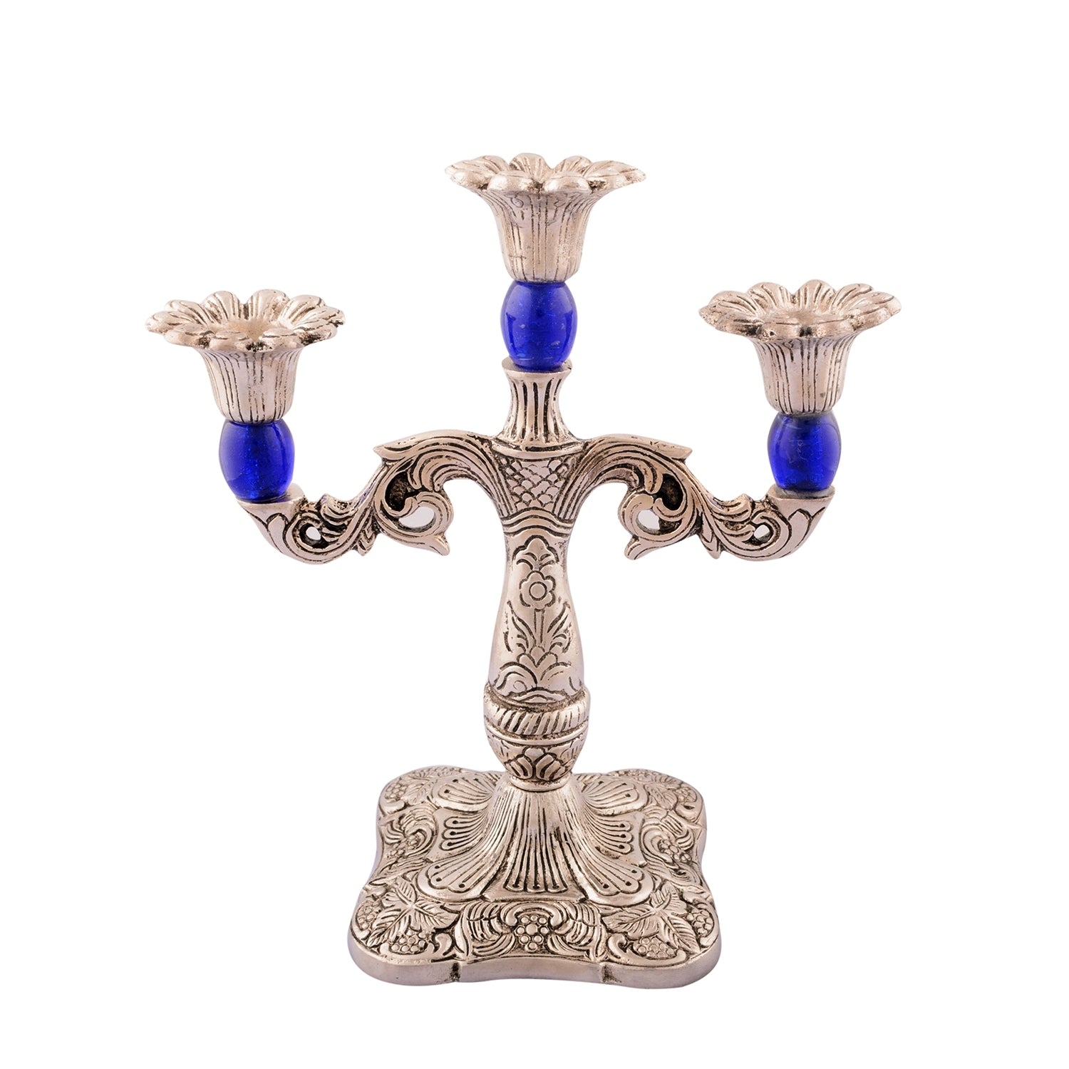 White Metal Silver and blue 3 Candle stand 1