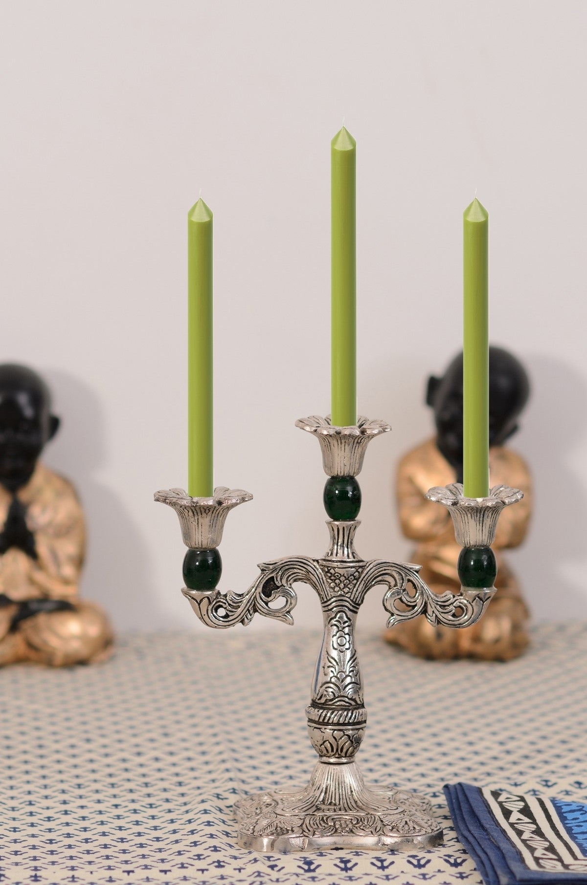White Metal Silver and Royal Green 3 Candle stand 1