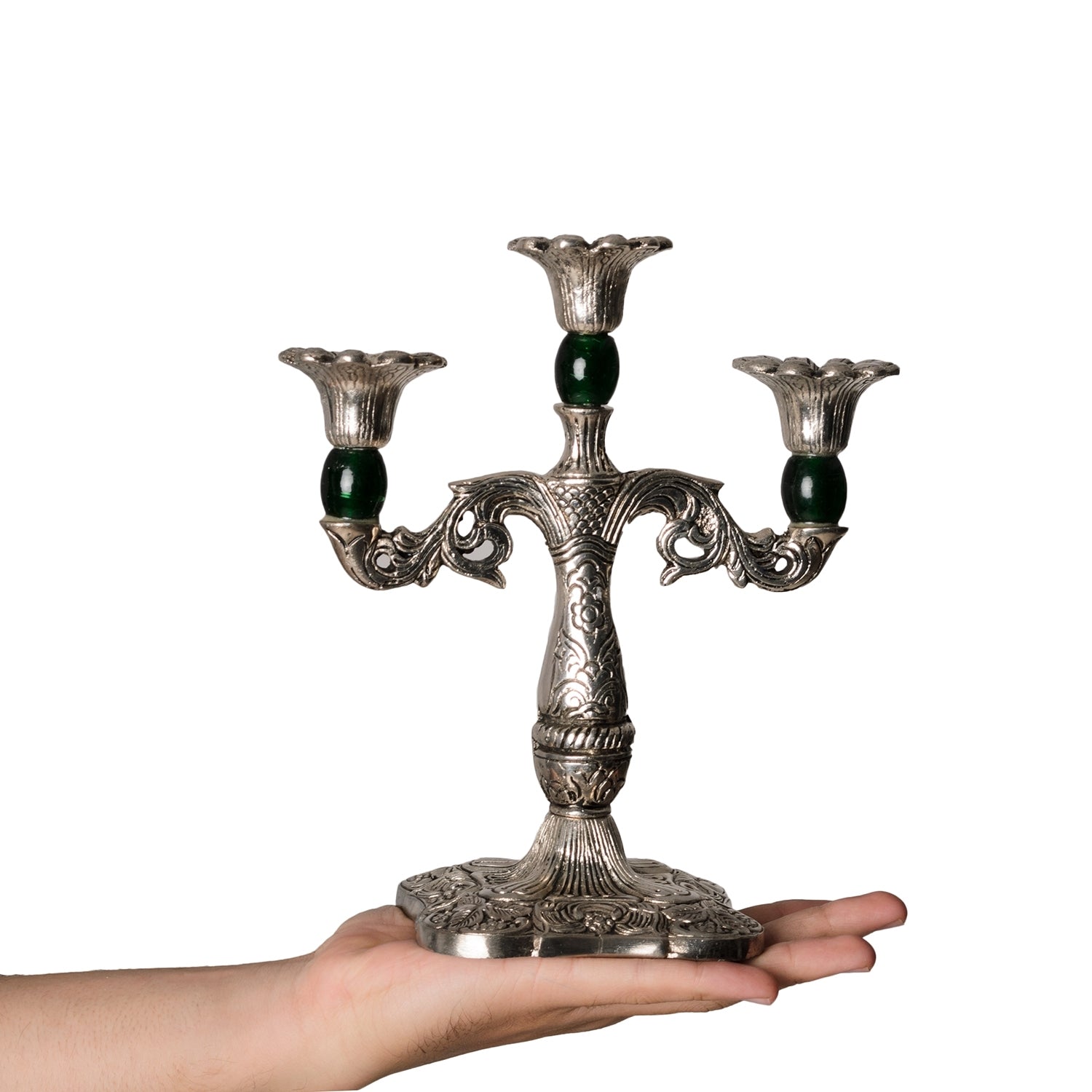 White Metal Silver and Royal Green 3 Candle stand 4