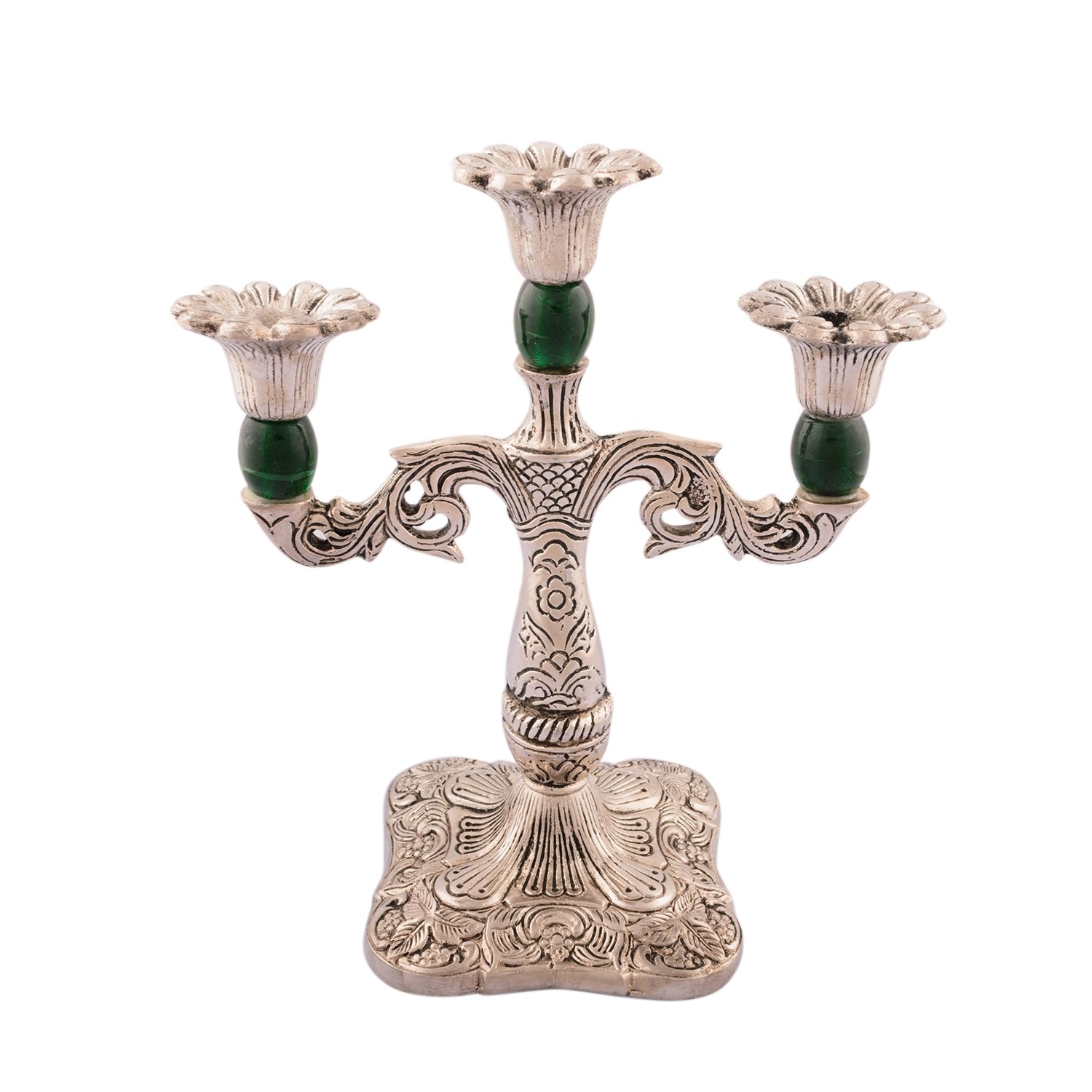 White Metal Silver and green 3 Candle stand 1