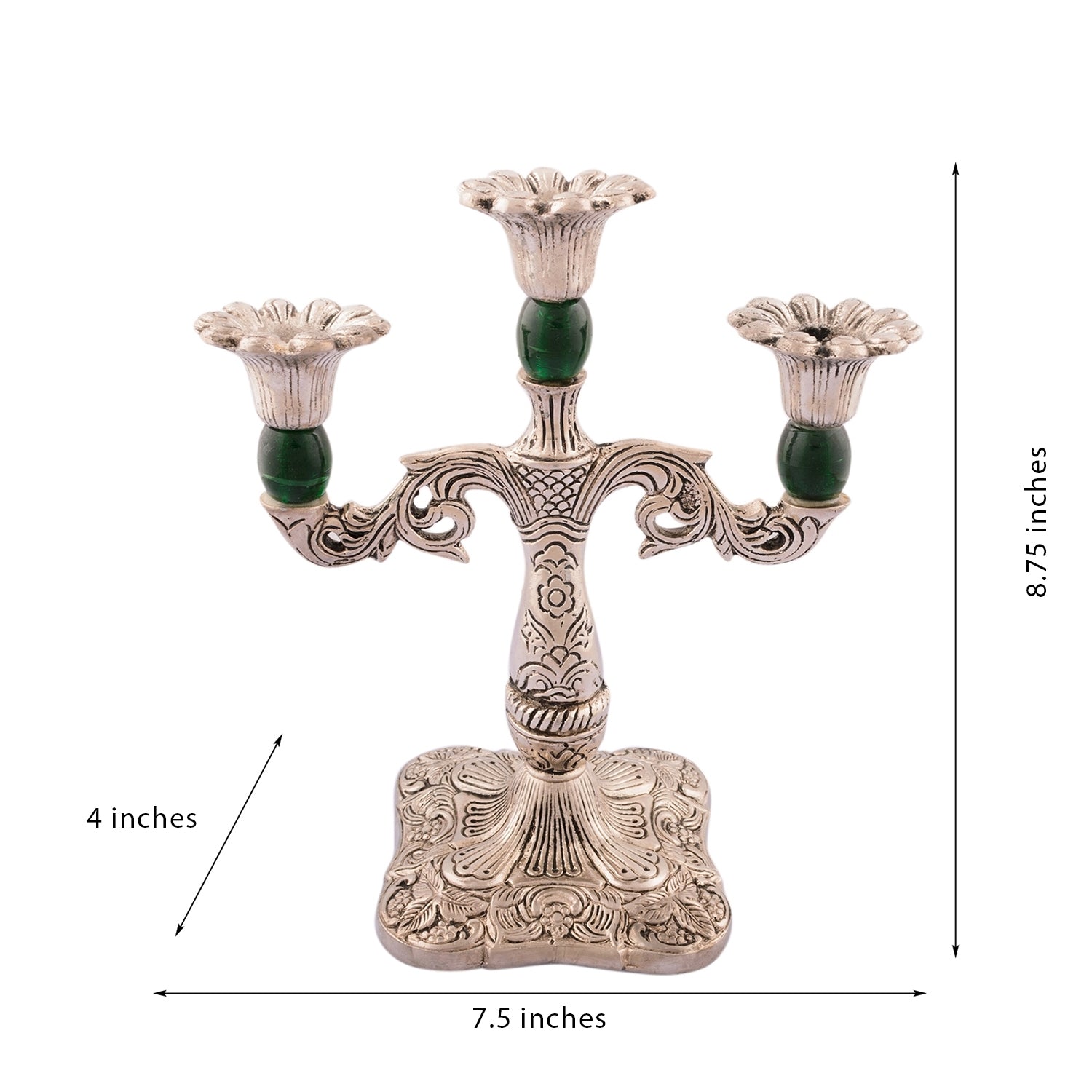 White Metal Silver and green 3 Candle stand 2