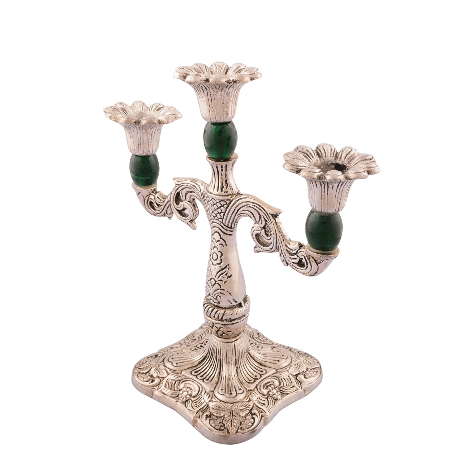 White Metal Silver and green 3 Candle stand 3
